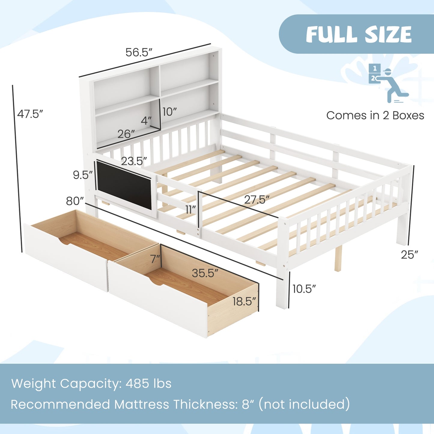 Twin/Full Size Bed Frame with 2 Drawers and Bookcase for Boys and Girls-Full Size Kids Crystal