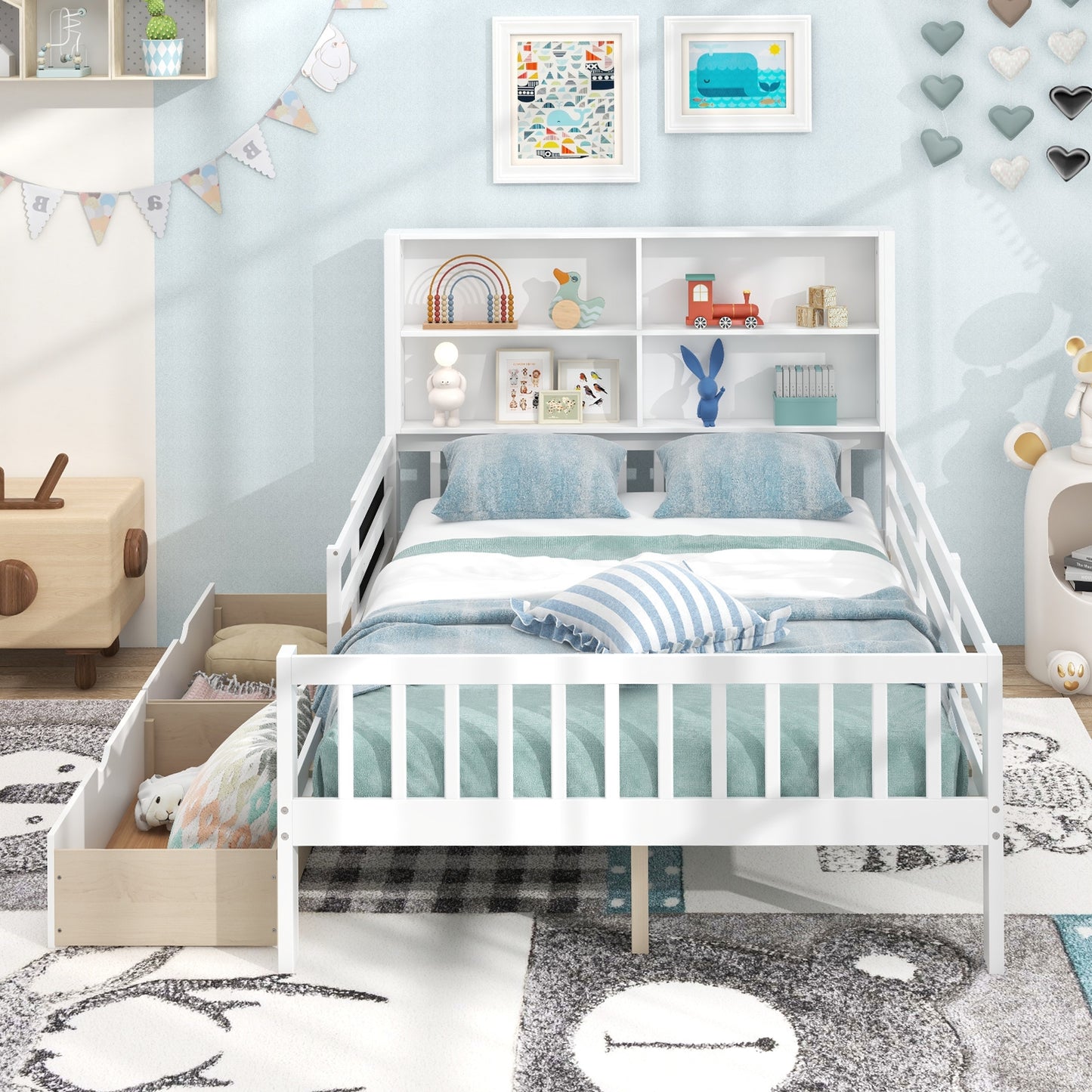 Twin/Full Size Bed Frame with 2 Drawers and Bookcase for Boys and Girls-Full Size Kids Crystal