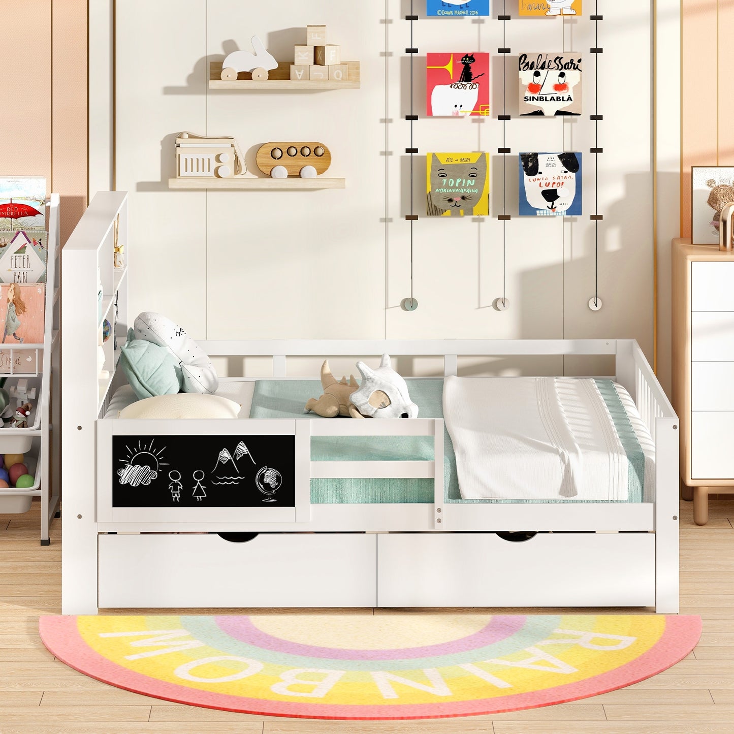 Twin/Full Size Bed Frame with 2 Drawers and Bookcase for Boys and Girls-Full Size Kids Crystal