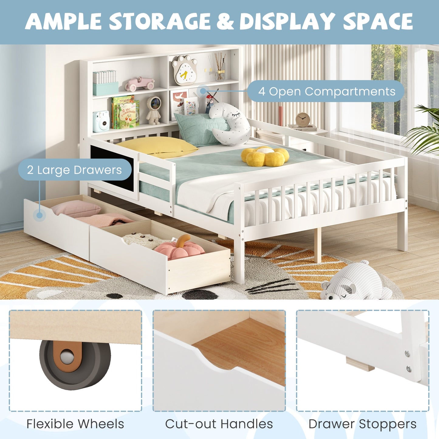 Twin/Full Size Bed Frame with 2 Drawers and Bookcase for Boys and Girls-Full Size Kids Crystal