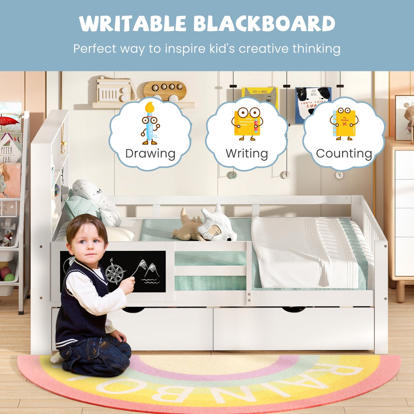 Twin/Full Size Bed Frame with 2 Drawers and Bookcase for Boys and Girls-Full Size Kids Crystal