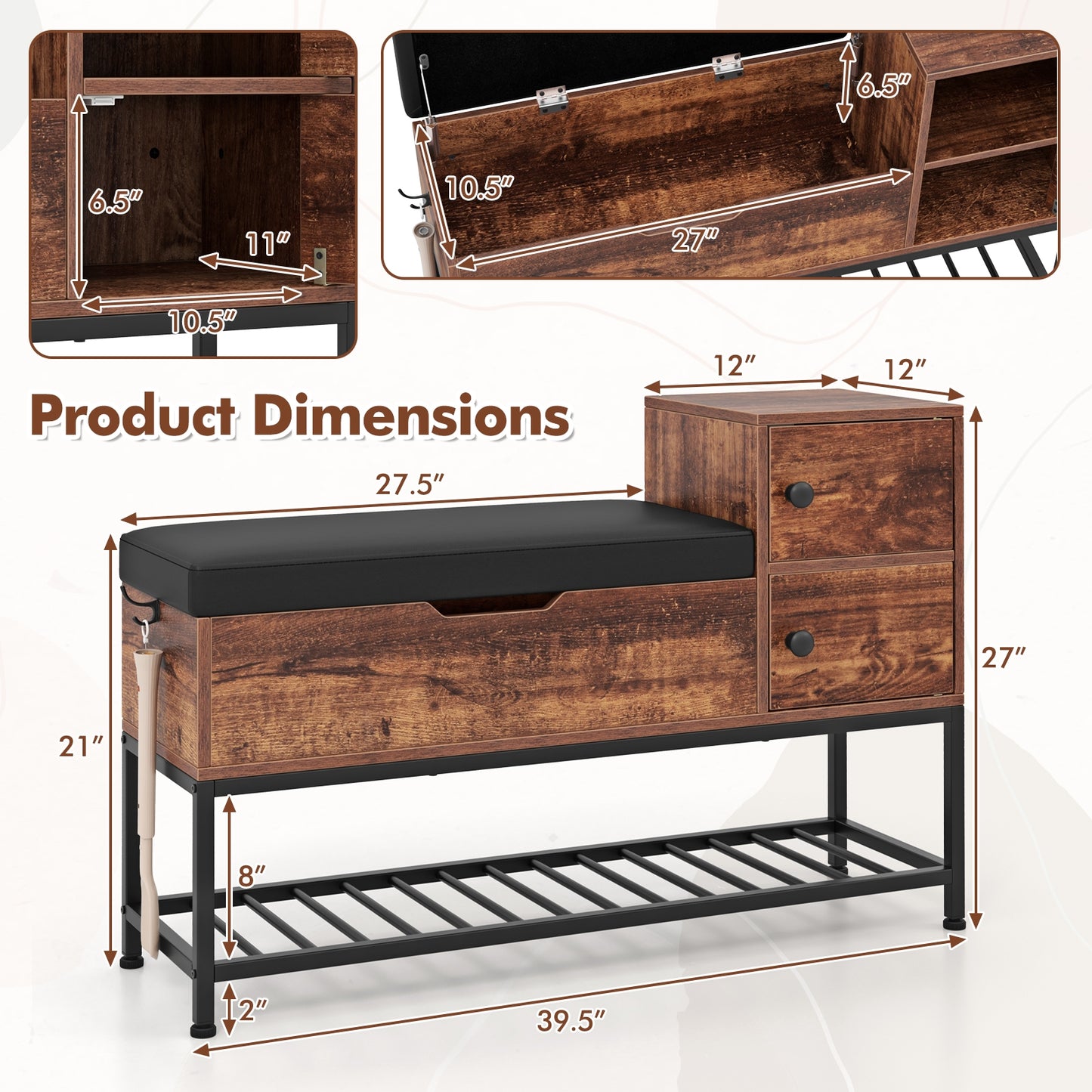Entryway Bench with Flip Top Box and 2 Door Cabinets for Entryway-Rustic Brown Kids Crystal
