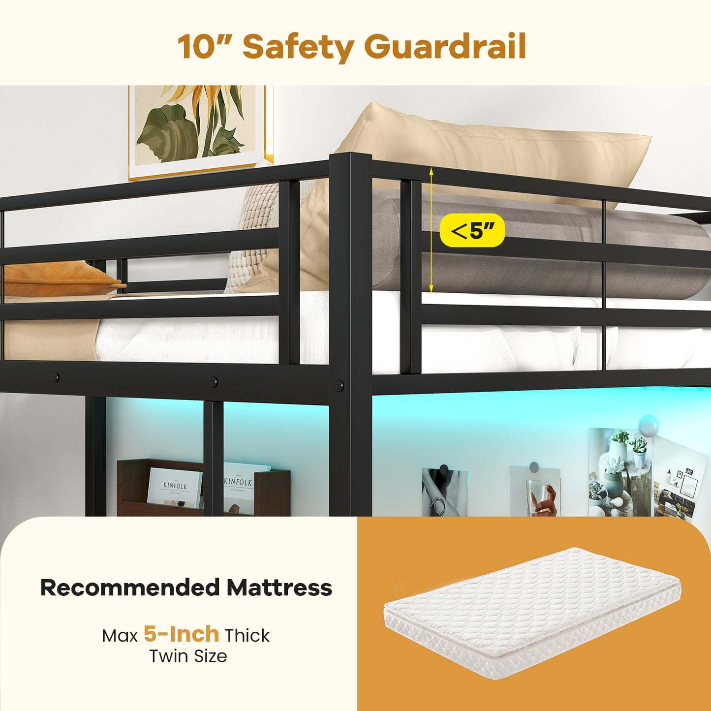 Twin Size Loft Bed Raised Platform Bed with Desk and 2 Storage Shelves-Black Kids Crystal