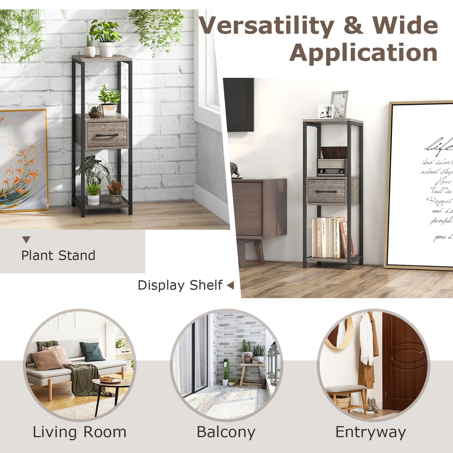 2 Pack 3 Tier Tall Metal Plant Stand with Drawer and Display Shelf-Gray