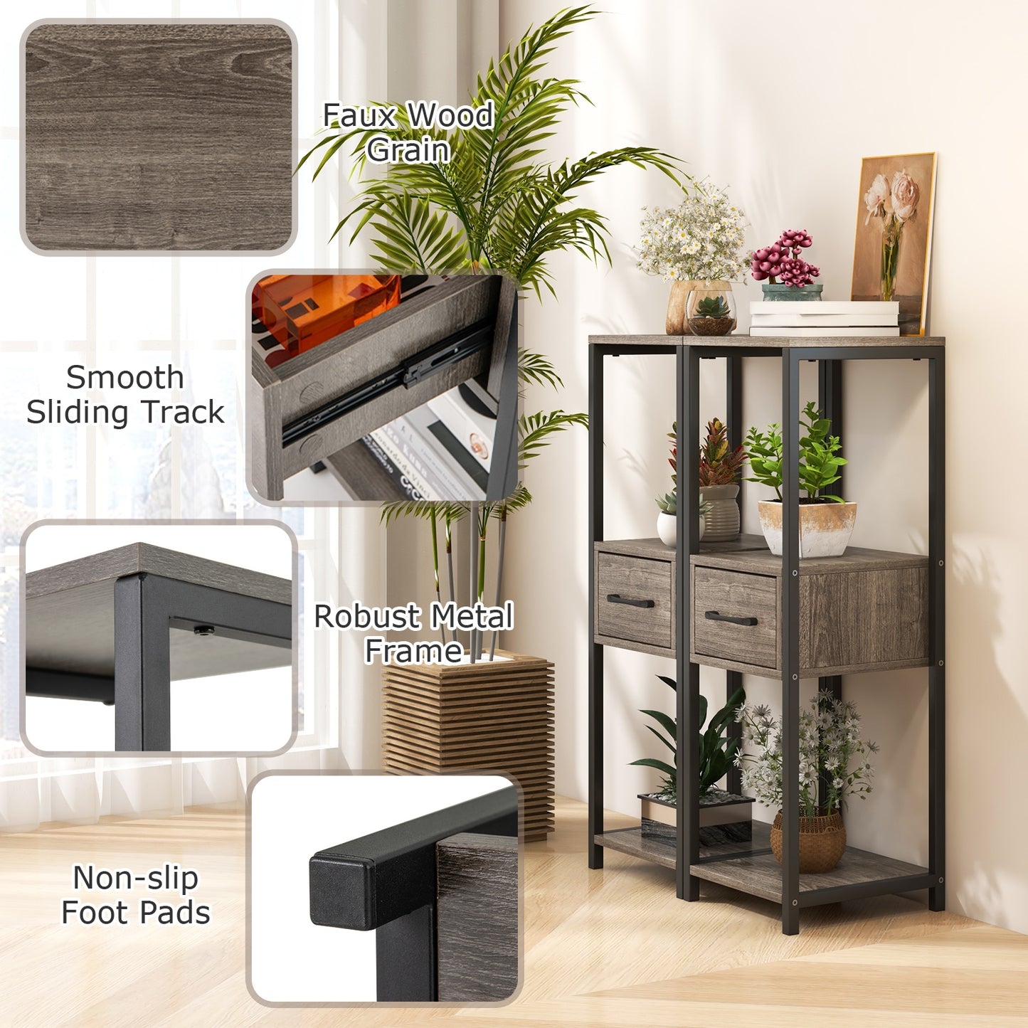 2 Pack 3 Tier Tall Metal Plant Stand with Drawer and Display Shelf-Gray Kids Crystal