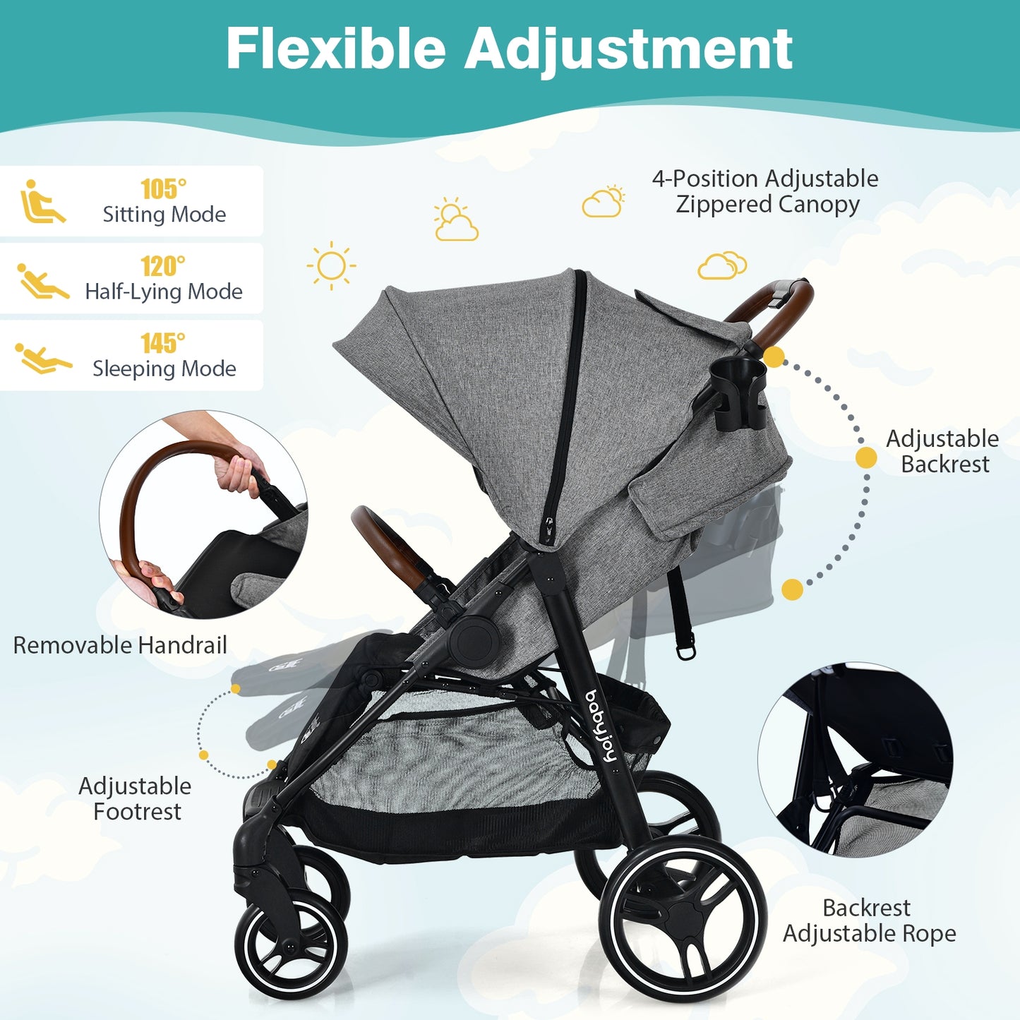 5-Point Harness Lightweight Infant Stroller with Foot Cover and Adjustable Backrest-Gray Kids Crystal