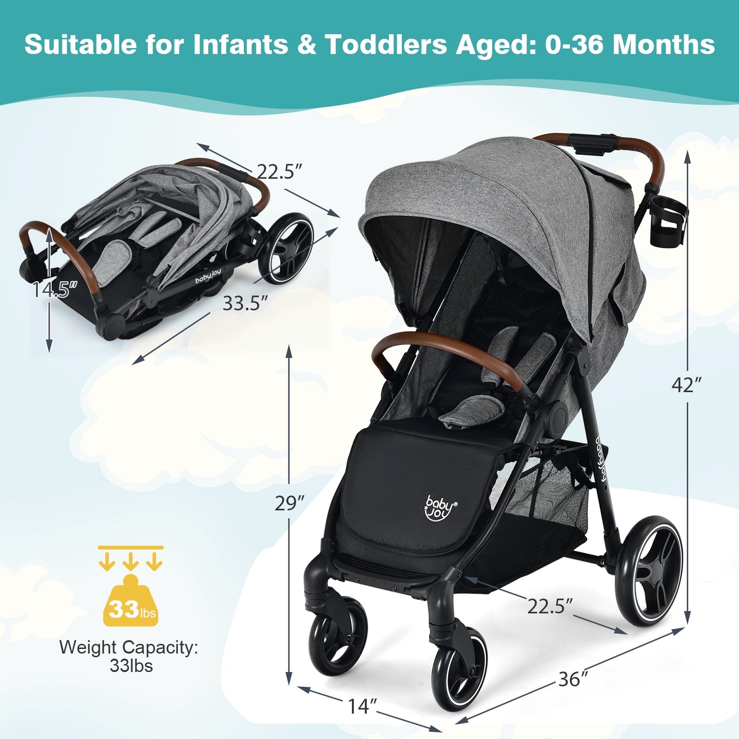 5-Point Harness Lightweight Infant Stroller with Foot Cover and Adjustable Backrest-Gray Kids Crystal