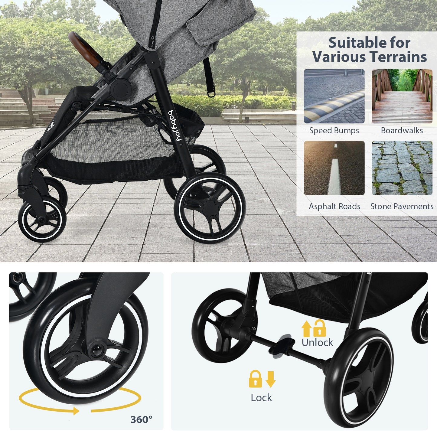 5-Point Harness Lightweight Infant Stroller with Foot Cover and Adjustable Backrest-Gray Kids Crystal