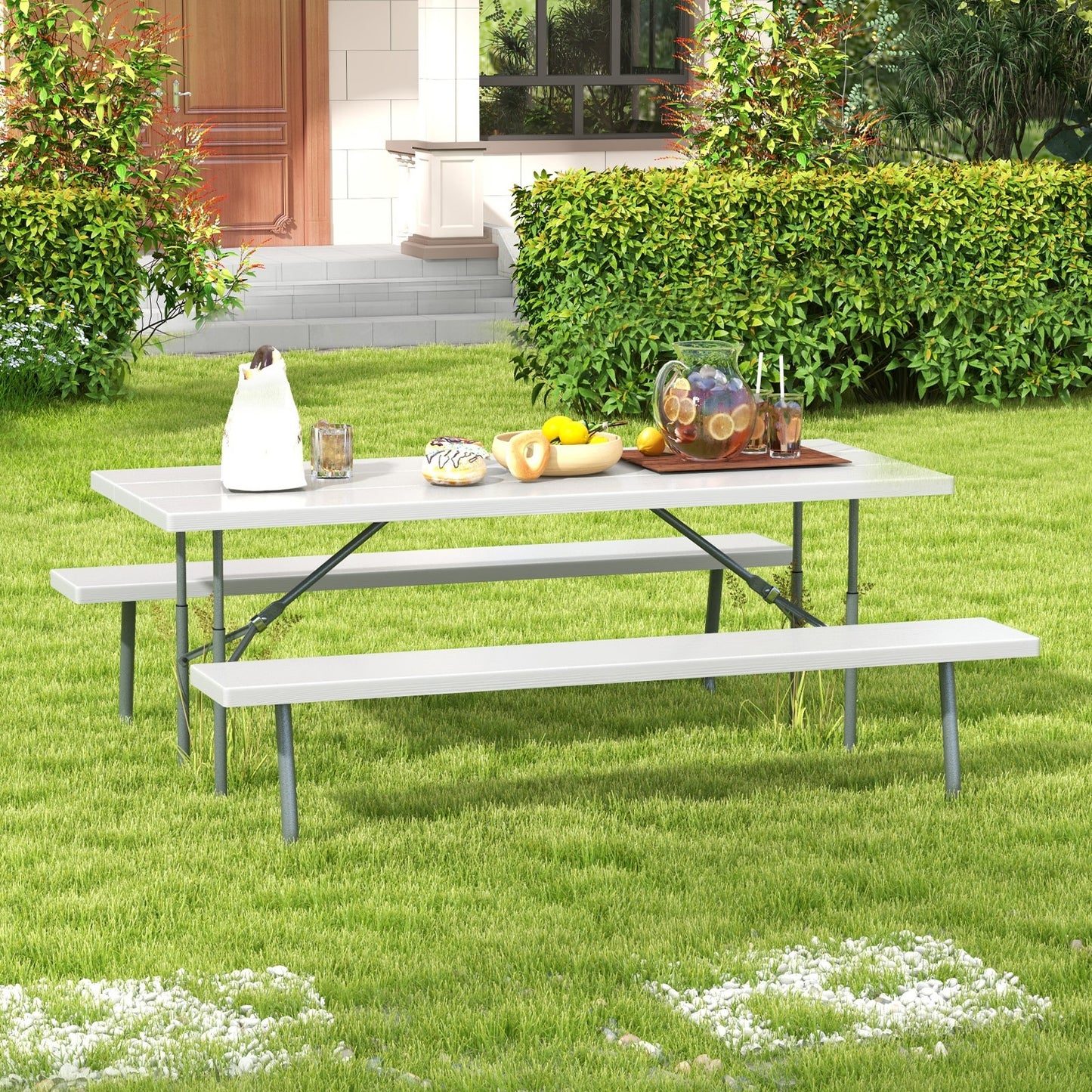 Folding Picnic Table Set with Metal Frame and All-Weather HDPE Tabletop Umbrella Hole-Gray Kids Crystal