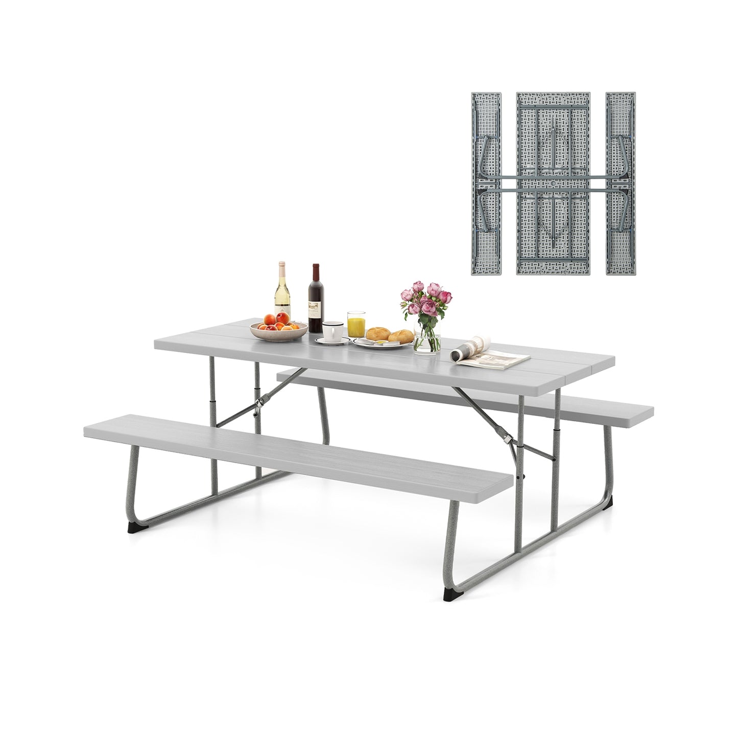 Folding Picnic Table Set with Metal Frame and All-Weather HDPE Tabletop Umbrella Hole-Gray Kids Crystal