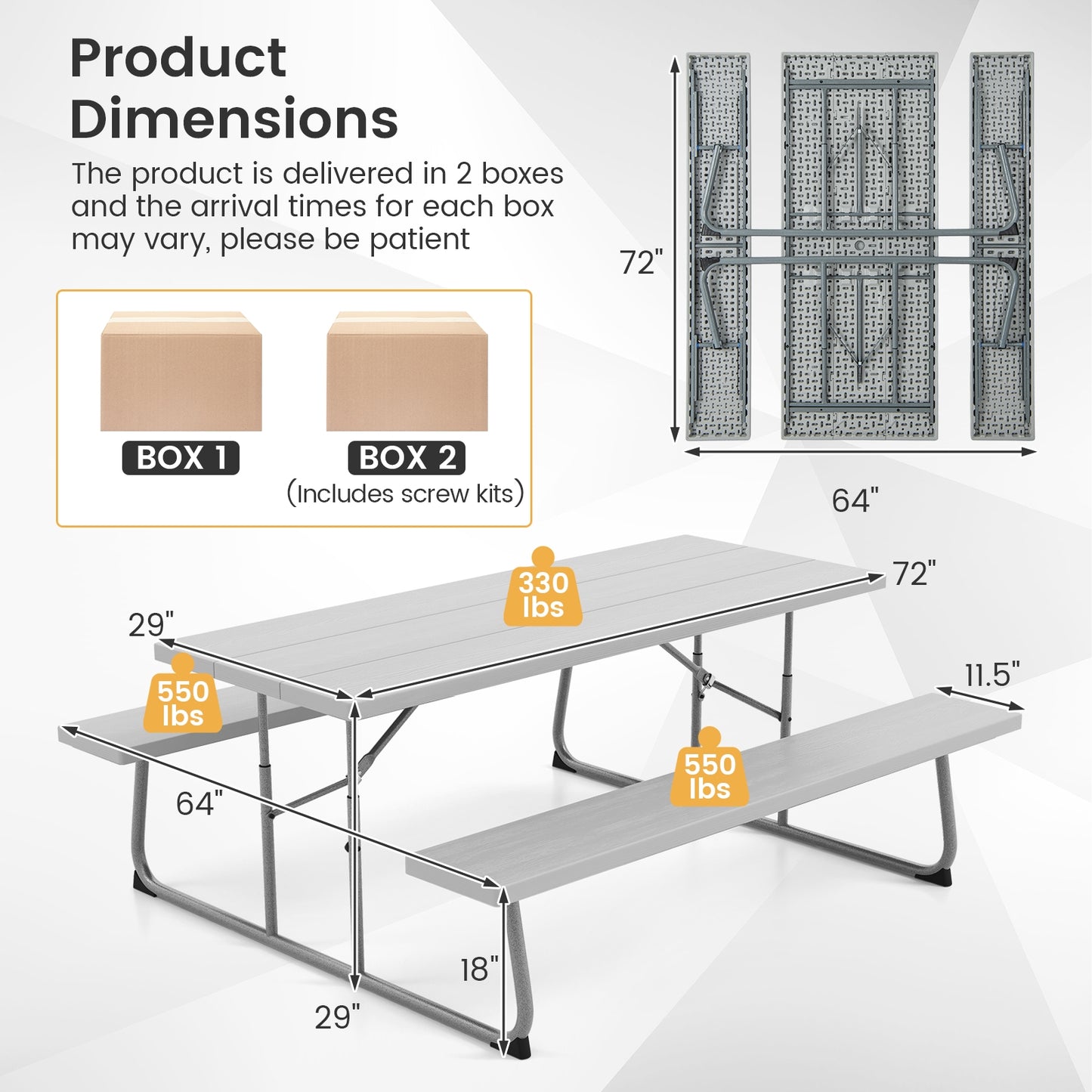 Folding Picnic Table Set with Metal Frame and All-Weather HDPE Tabletop Umbrella Hole-Gray Kids Crystal