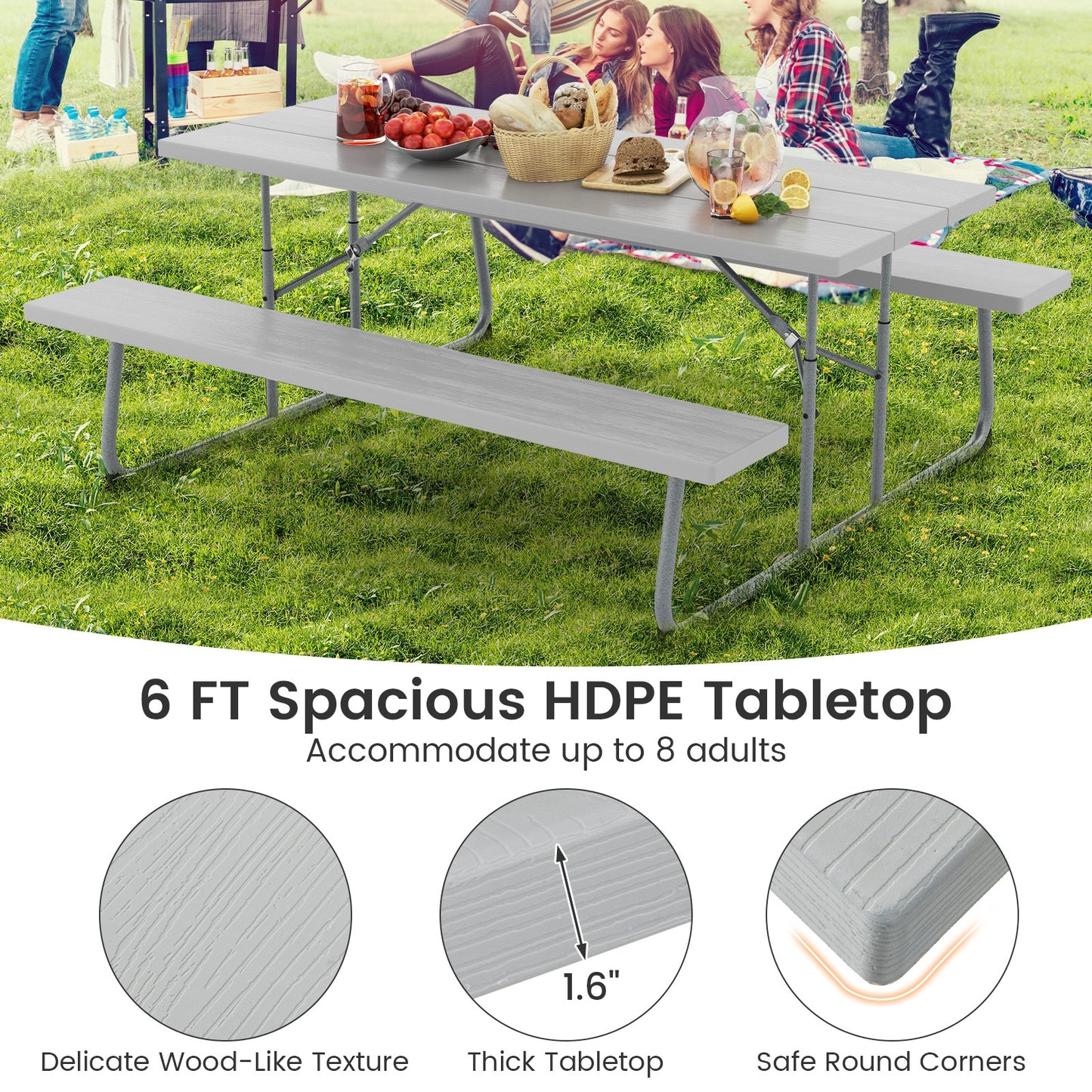 Folding Picnic Table Set with Metal Frame and All-Weather HDPE Tabletop Umbrella Hole-Gray Kids Crystal