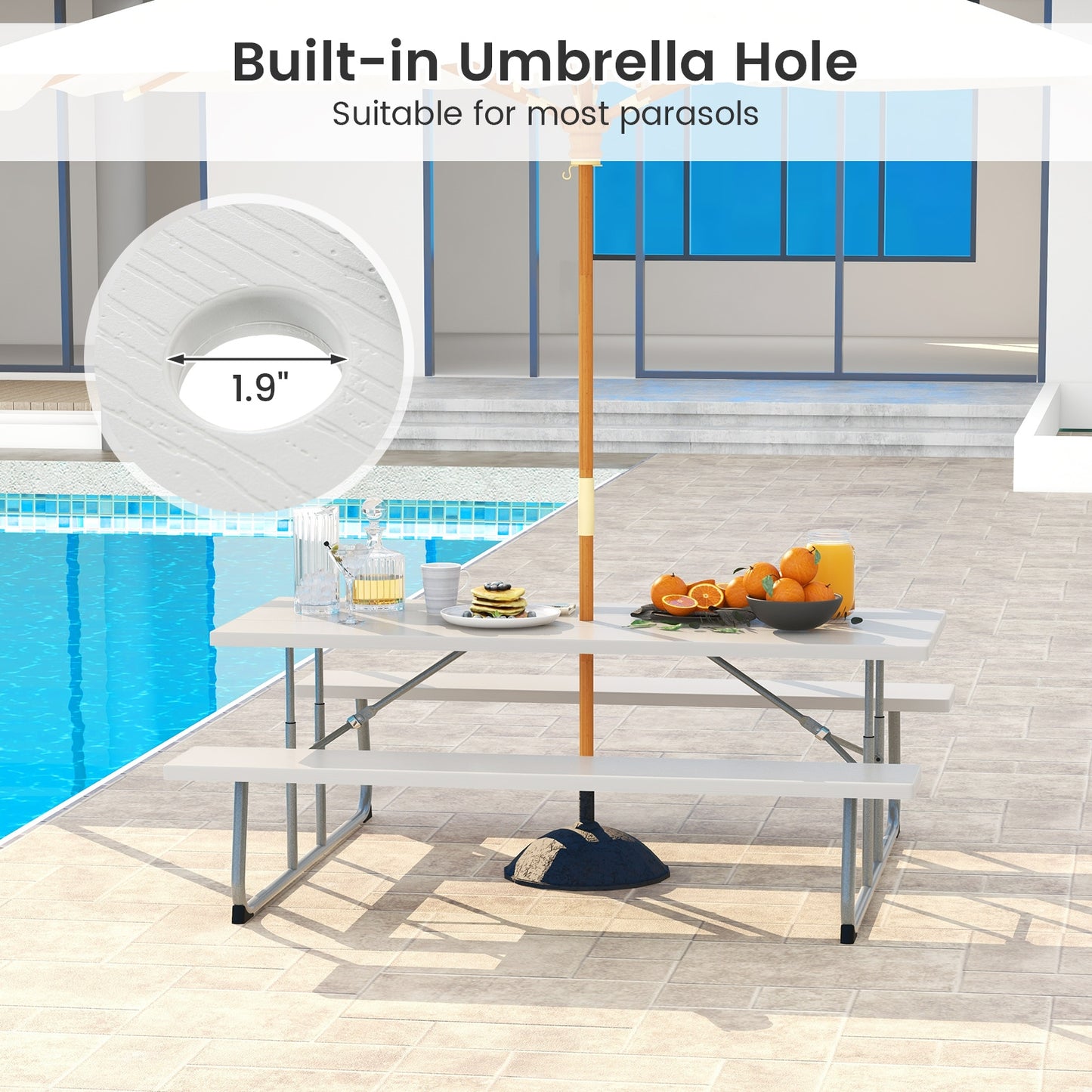 Folding Picnic Table Set with Metal Frame and All-Weather HDPE Tabletop Umbrella Hole-Gray Kids Crystal