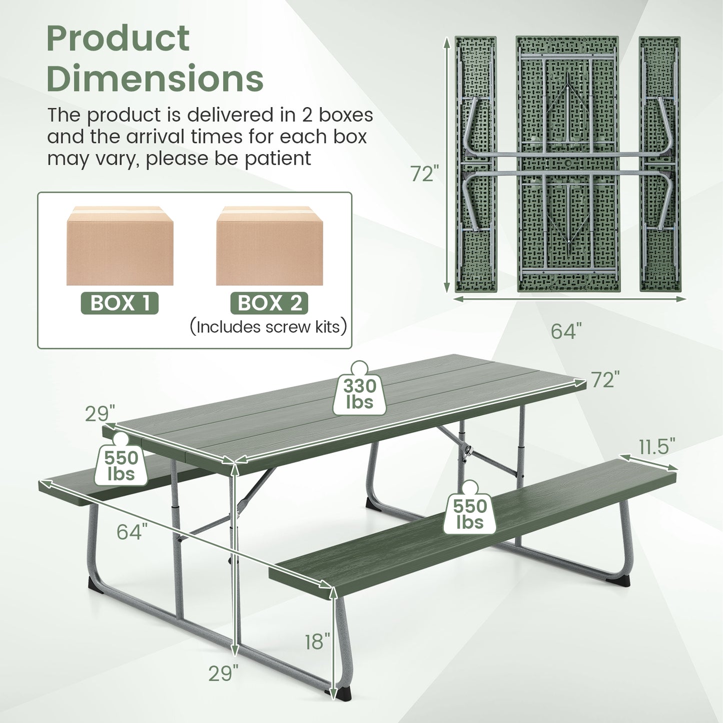 Folding Picnic Table Set with Metal Frame and All-Weather HDPE Tabletop Umbrella Hole-Green Kids Crystal