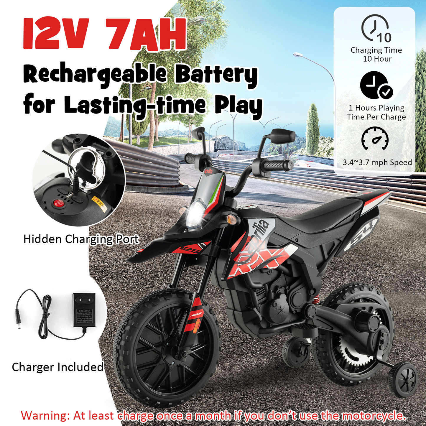 Aprilia Licensed Kids Ride On Motorcycle with 2 Training Wheels-Red
