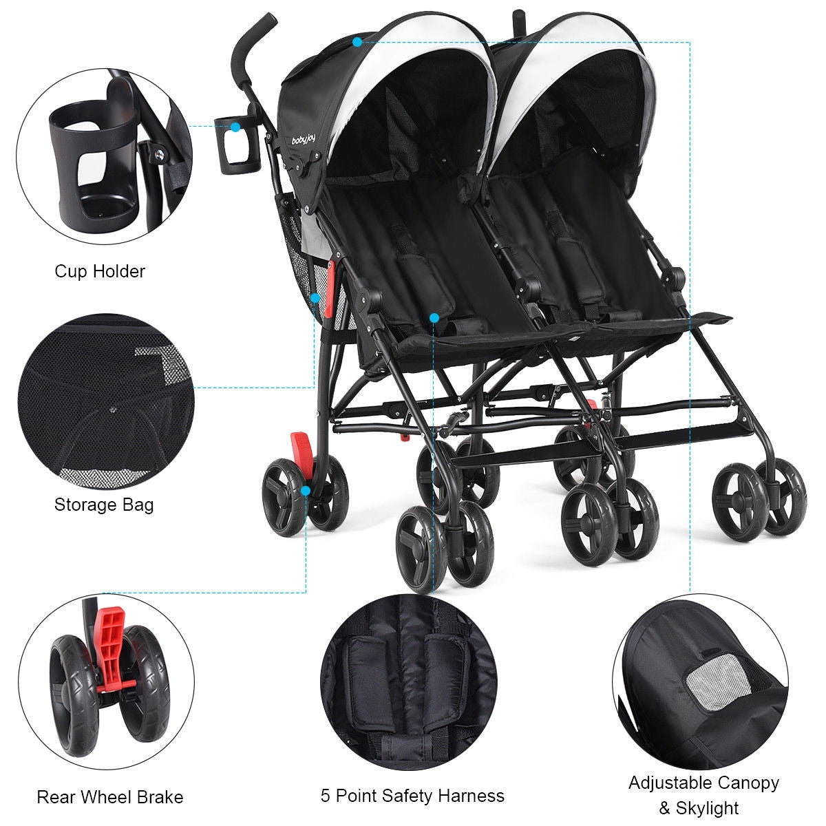 Foldable Twin Baby Double Stroller Ultralight Umbrella Kids Stroller-Black Kids Crystal