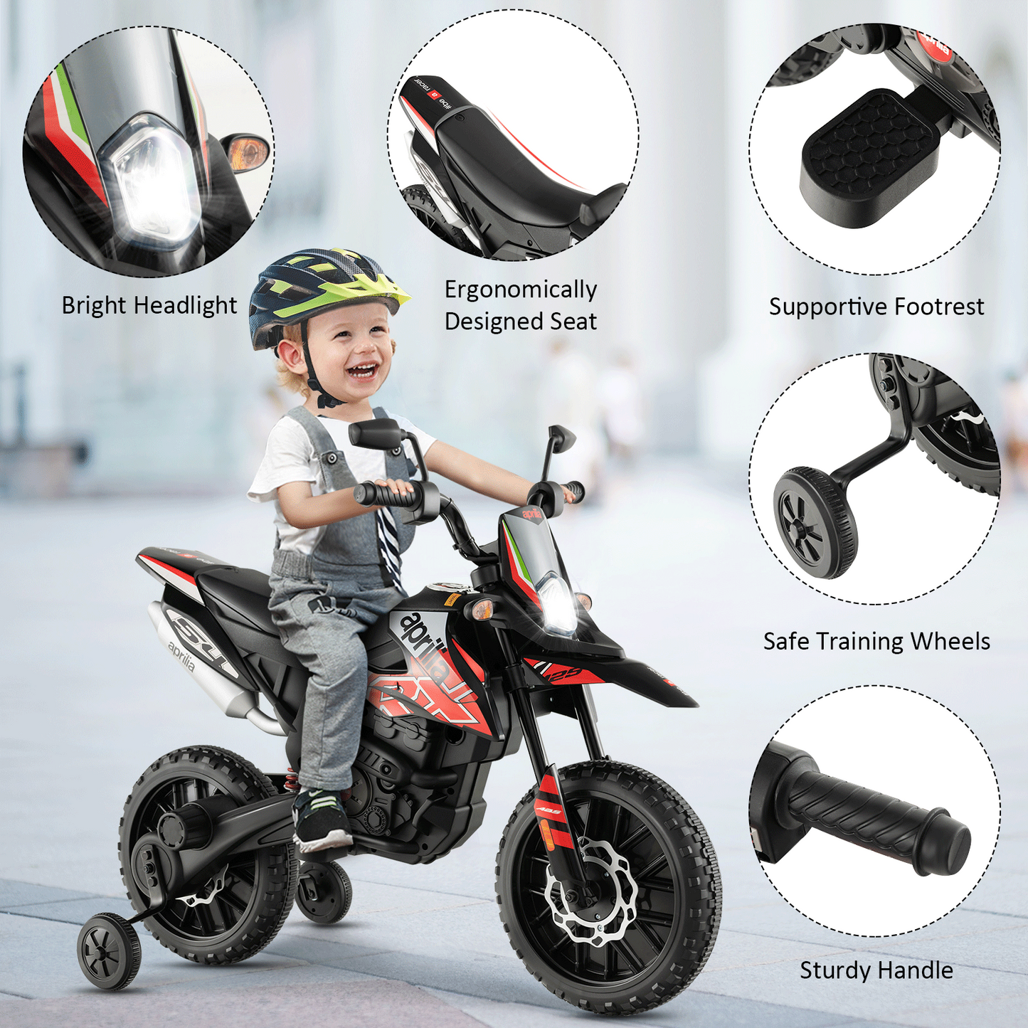 Aprilia Licensed Kids Ride On Motorcycle with 2 Training Wheels-Red Kids Crystal