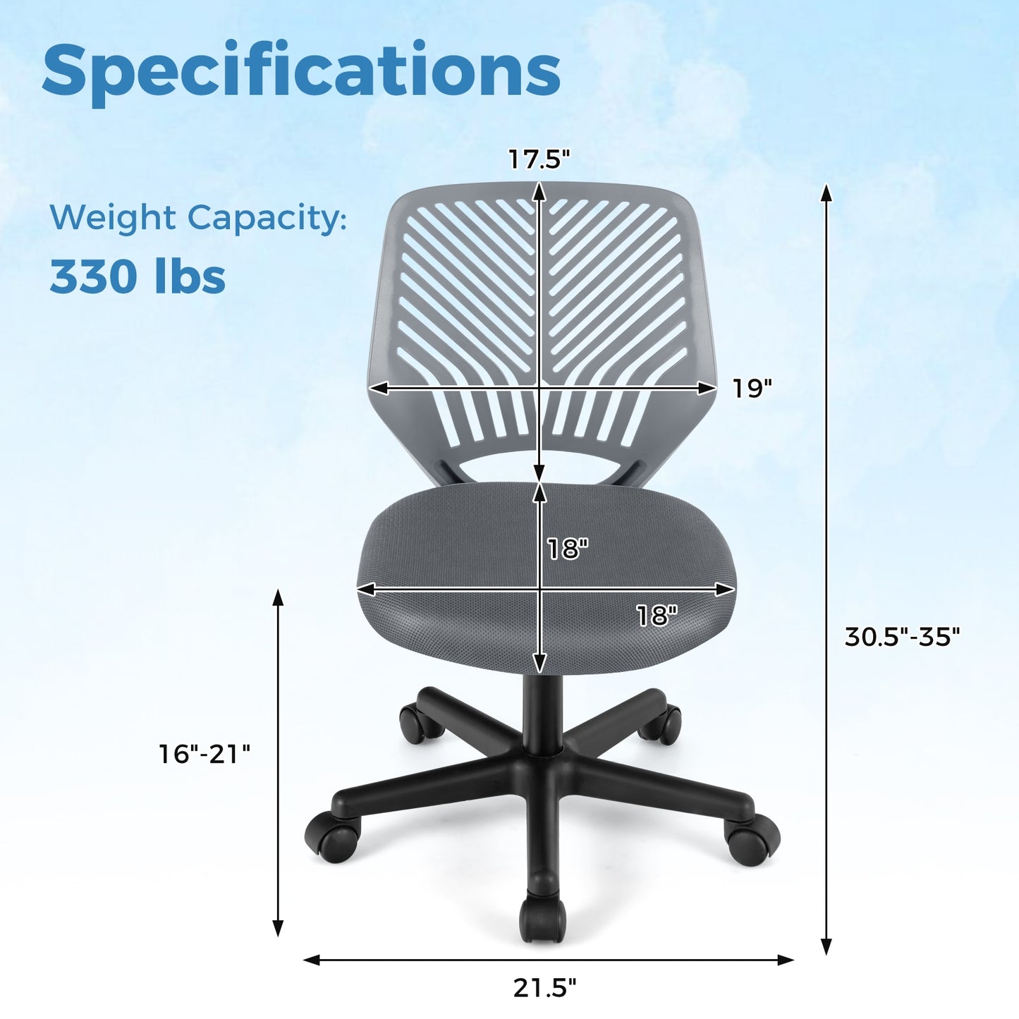 Height-adjustable Ergonomic Kids Desk Chair with Universal Casters-Gray Kids Crystal