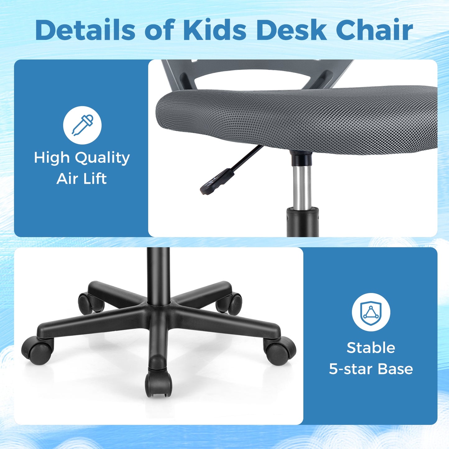 Height-adjustable Ergonomic Kids Desk Chair with Universal Casters-Gray Kids Crystal