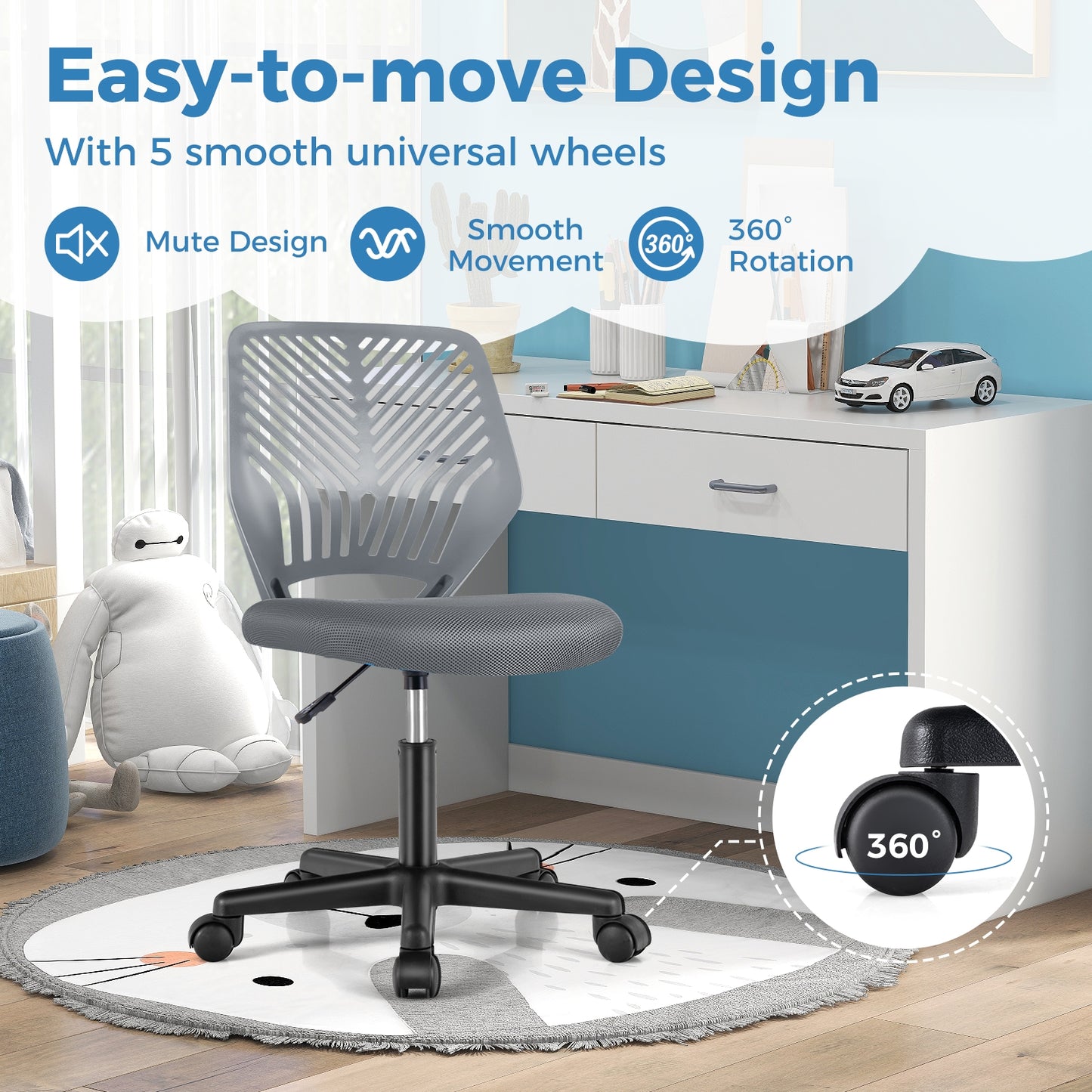 Height-adjustable Ergonomic Kids Desk Chair with Universal Casters-Gray Kids Crystal