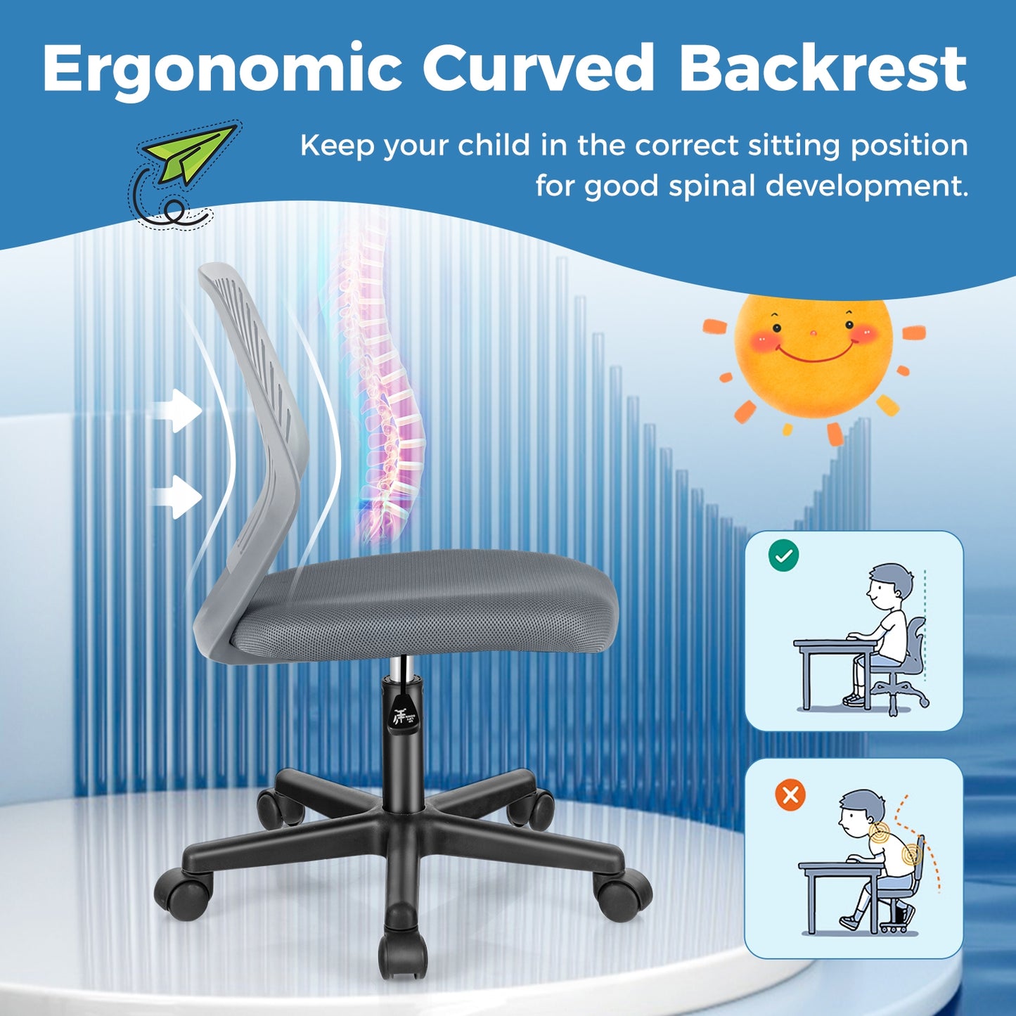 Height-adjustable Ergonomic Kids Desk Chair with Universal Casters-Gray Kids Crystal