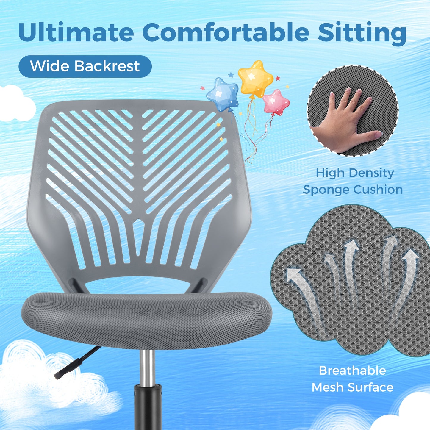 Height-adjustable Ergonomic Kids Desk Chair with Universal Casters-Gray Kids Crystal