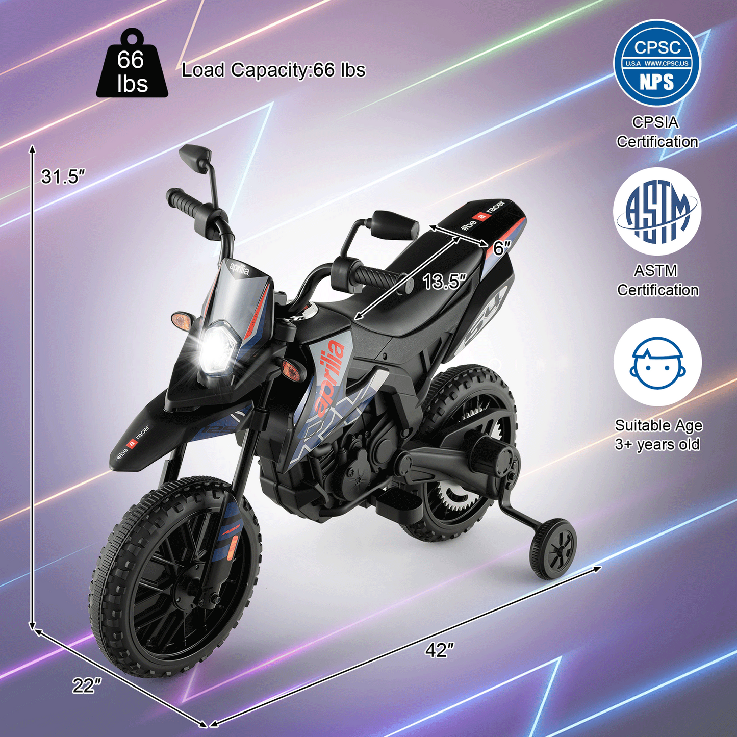 Aprilia Licensed Kids Ride On Motorcycle with 2 Training Wheels-Navy
