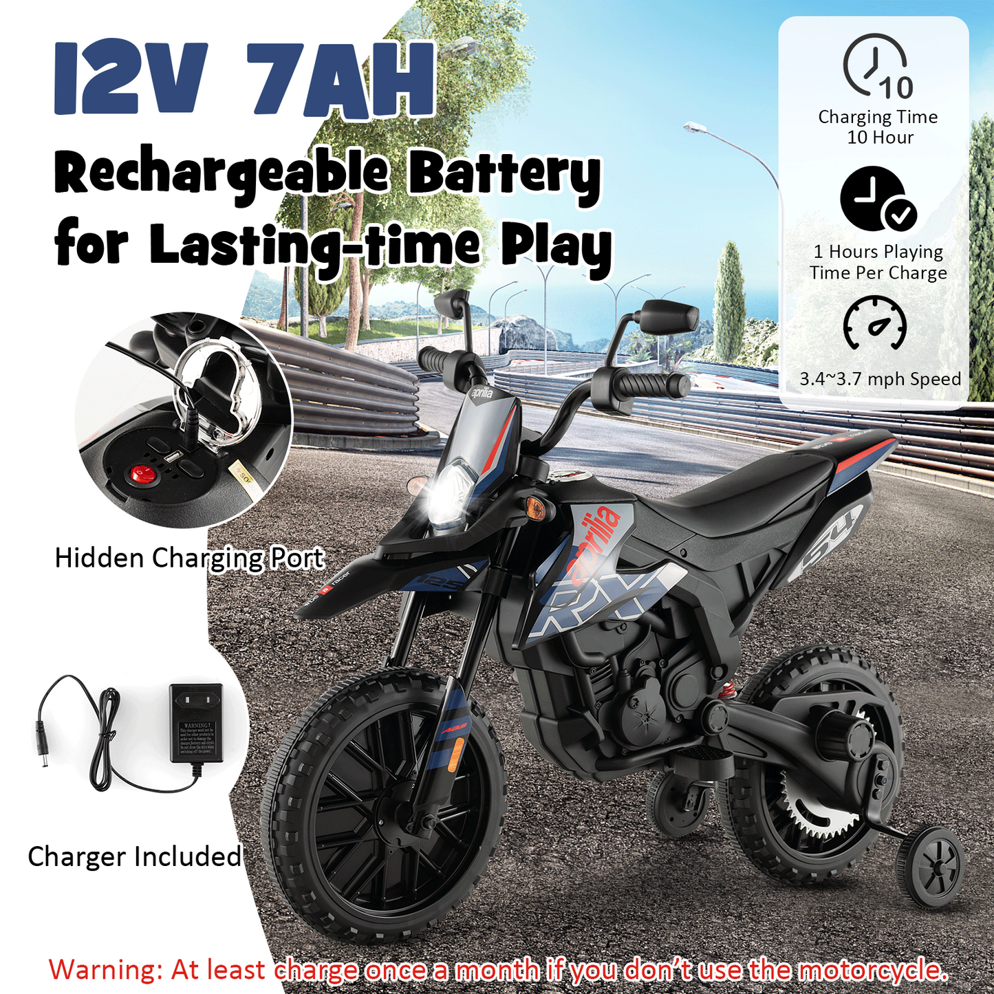 Aprilia Licensed Kids Ride On Motorcycle with 2 Training Wheels-Navy