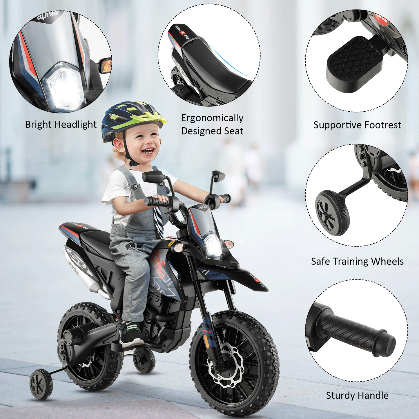 Aprilia Licensed Kids Ride On Motorcycle with 2 Training Wheels-Navy Kids Crystal