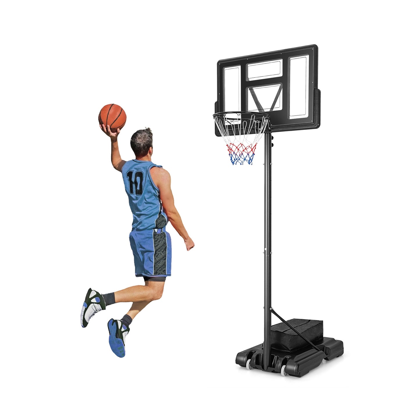 4.4-10 Feet Adjustable Basketball Hoop System with Weight Bag and 2 Nets Kids Crystal