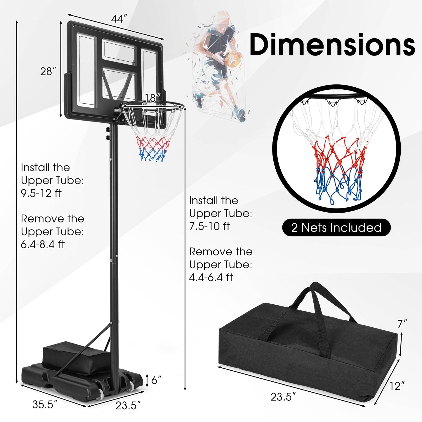 4.4-10 Feet Adjustable Basketball Hoop System with Weight Bag and 2 Nets Kids Crystal