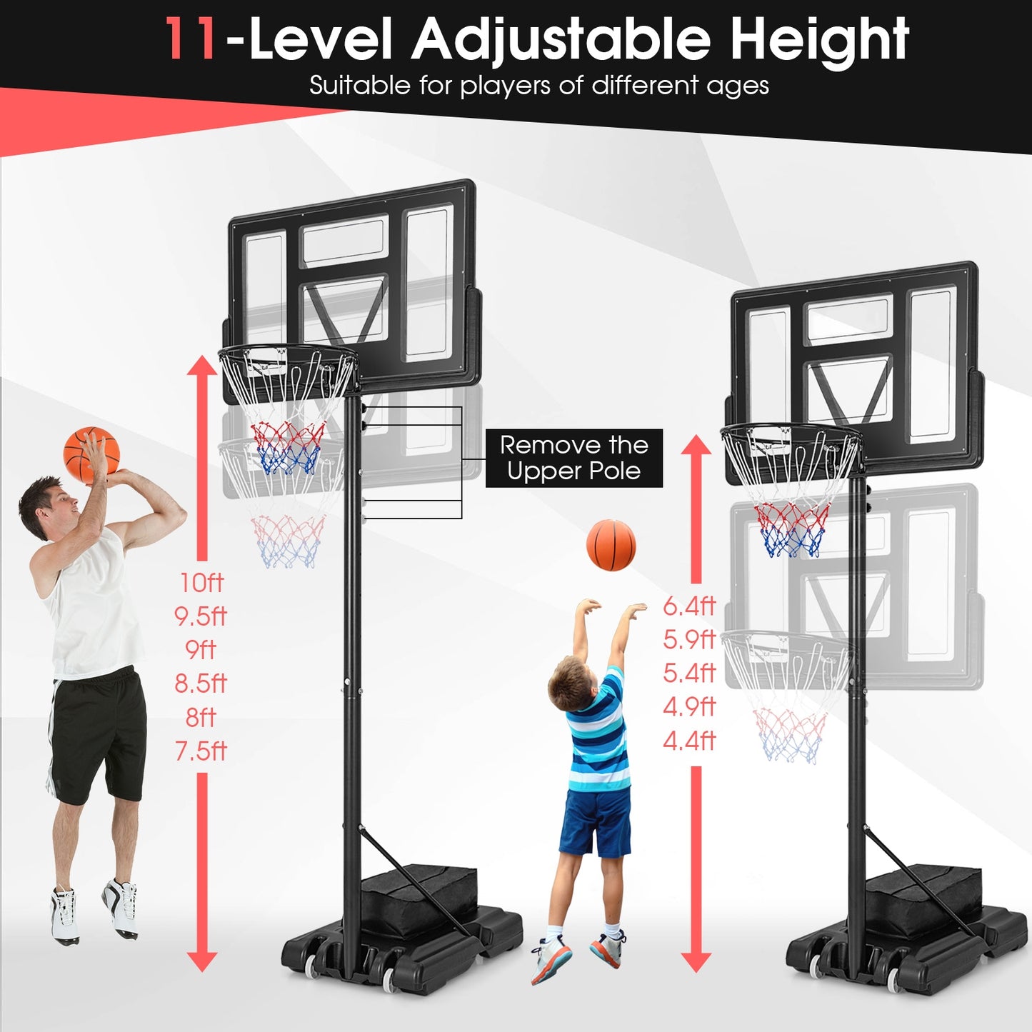 4.4-10 Feet Adjustable Basketball Hoop System with Weight Bag and 2 Nets Kids Crystal