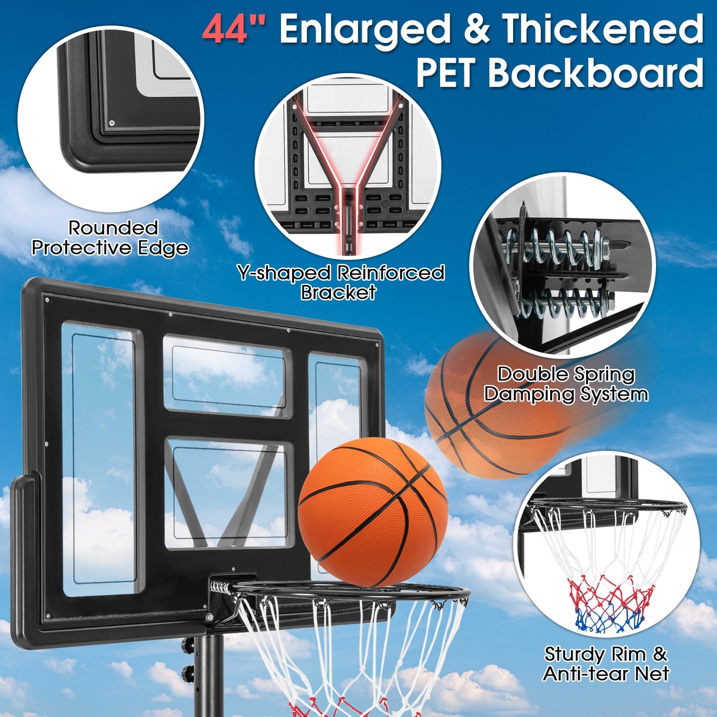 4.4-10 Feet Adjustable Basketball Hoop System with Weight Bag and 2 Nets Kids Crystal