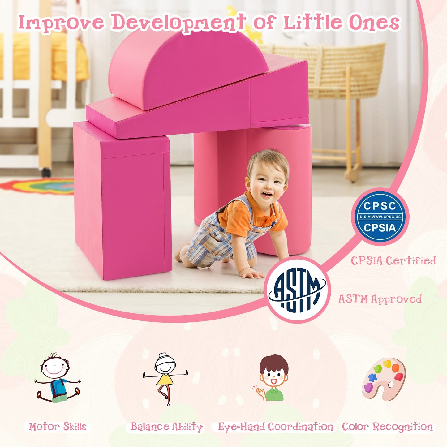 5-Piece Kids Climb and Crawl Activity Playset-Pink Kids Crystal