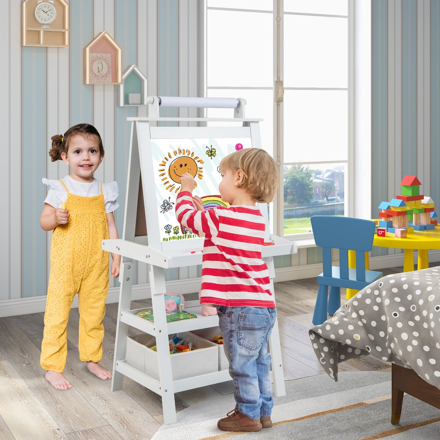 3-in-1 Double-Sided Storage Art Easel-White Kids Crystal
