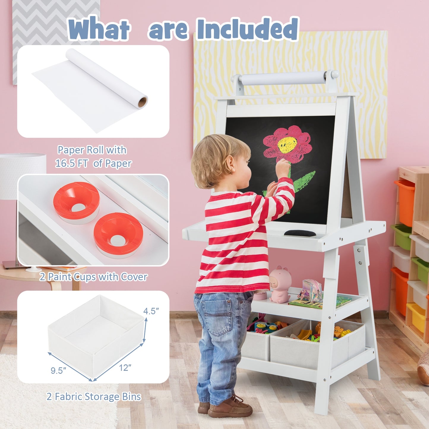 3-in-1 Double-Sided Storage Art Easel-White Kids Crystal