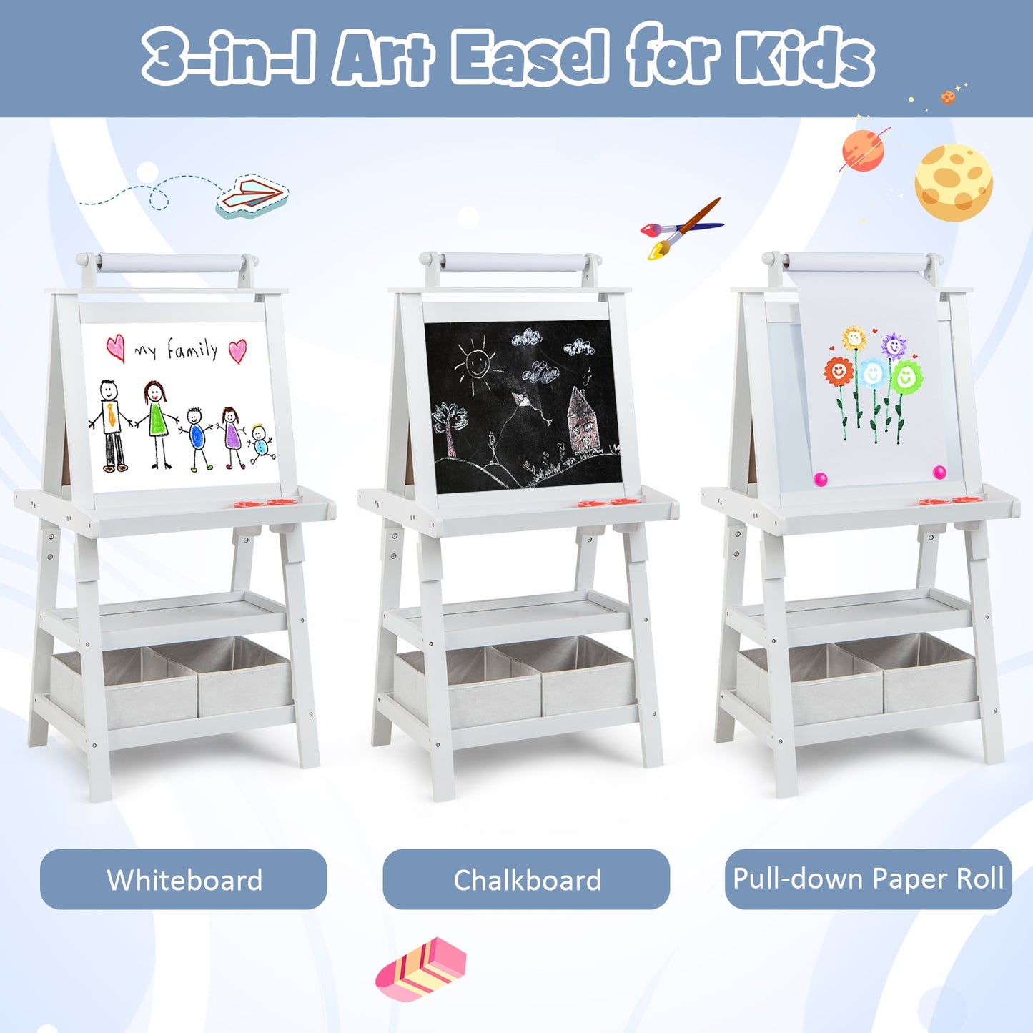 3-in-1 Double-Sided Storage Art Easel-White Kids Crystal