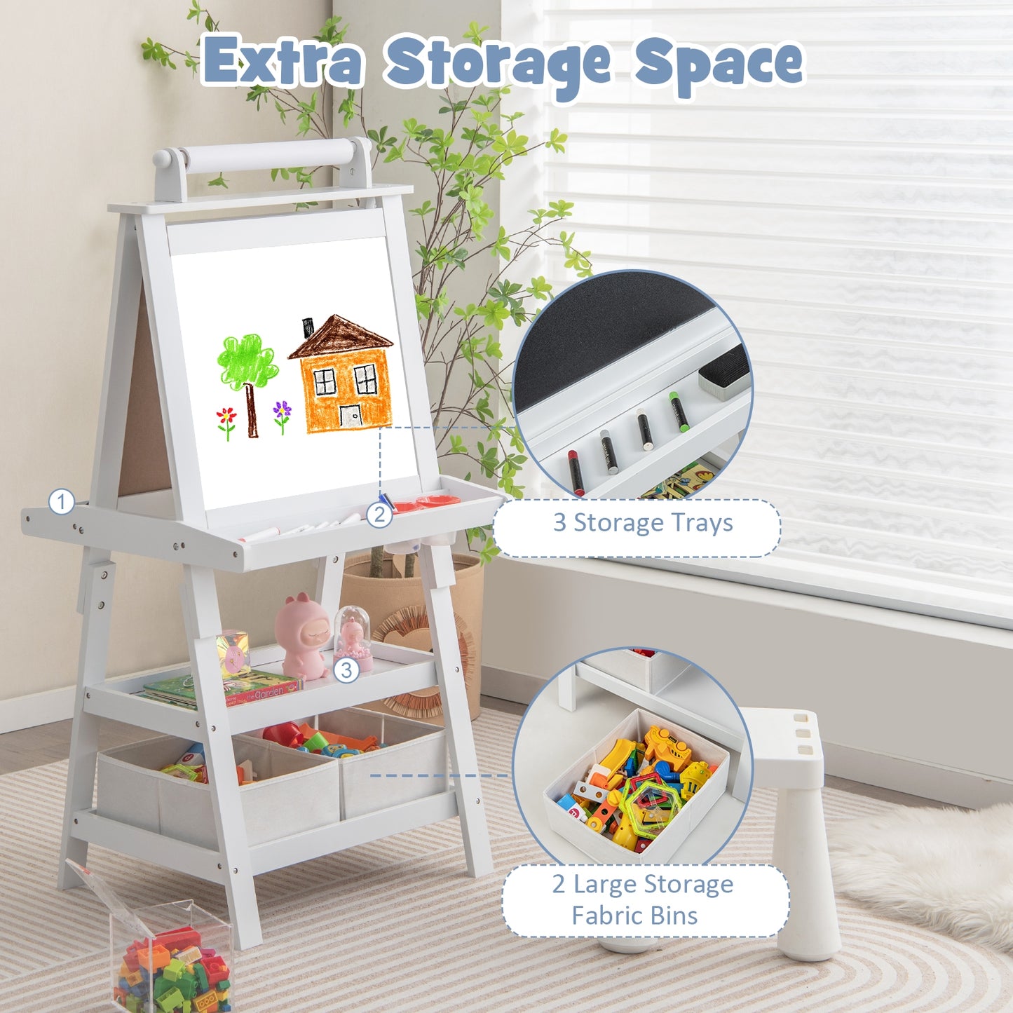 3-in-1 Double-Sided Storage Art Easel-White Kids Crystal