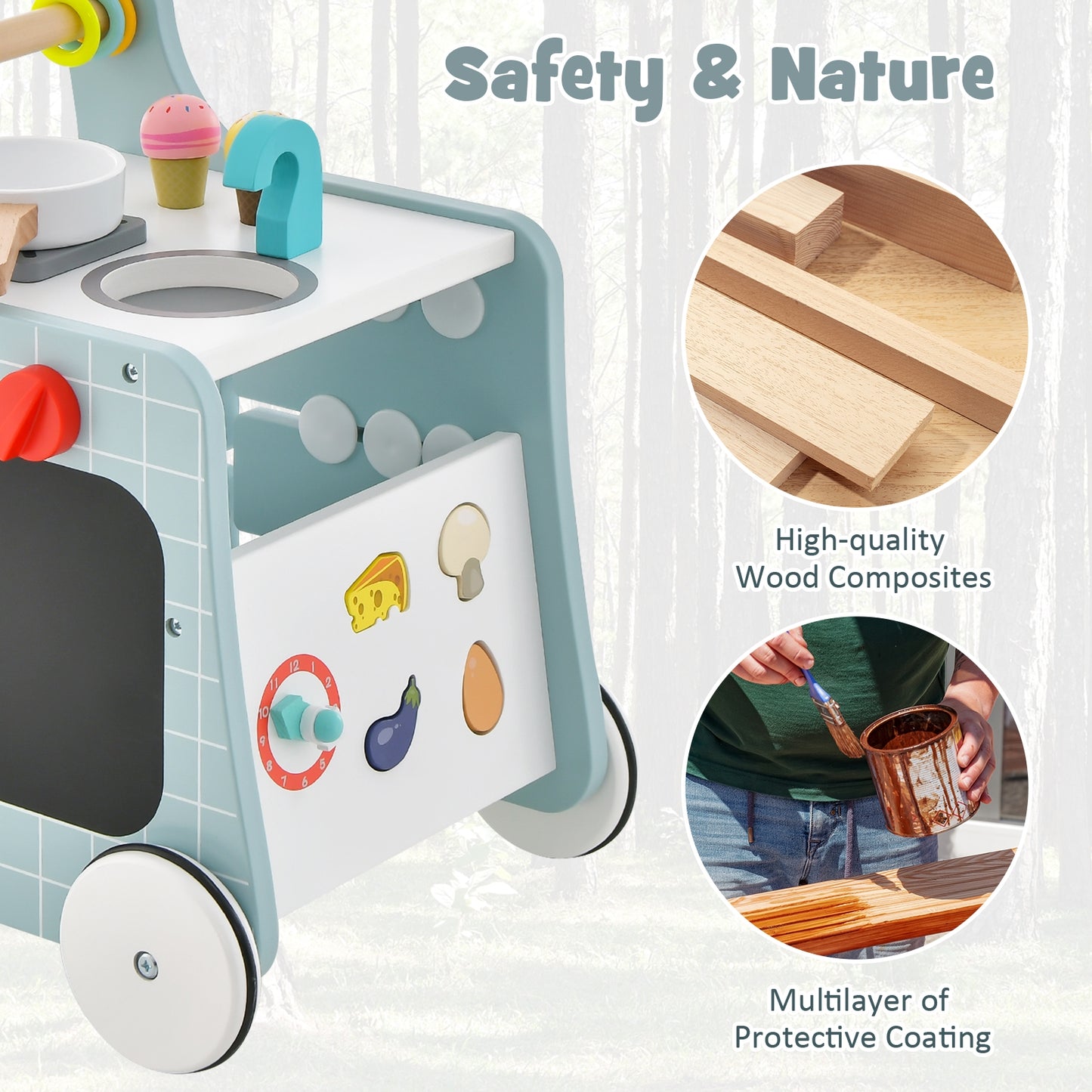 6-in-1 Wooden Baby Stroller with Play Kitchen for Kids Over 12 Months-Blue Kids Crystal