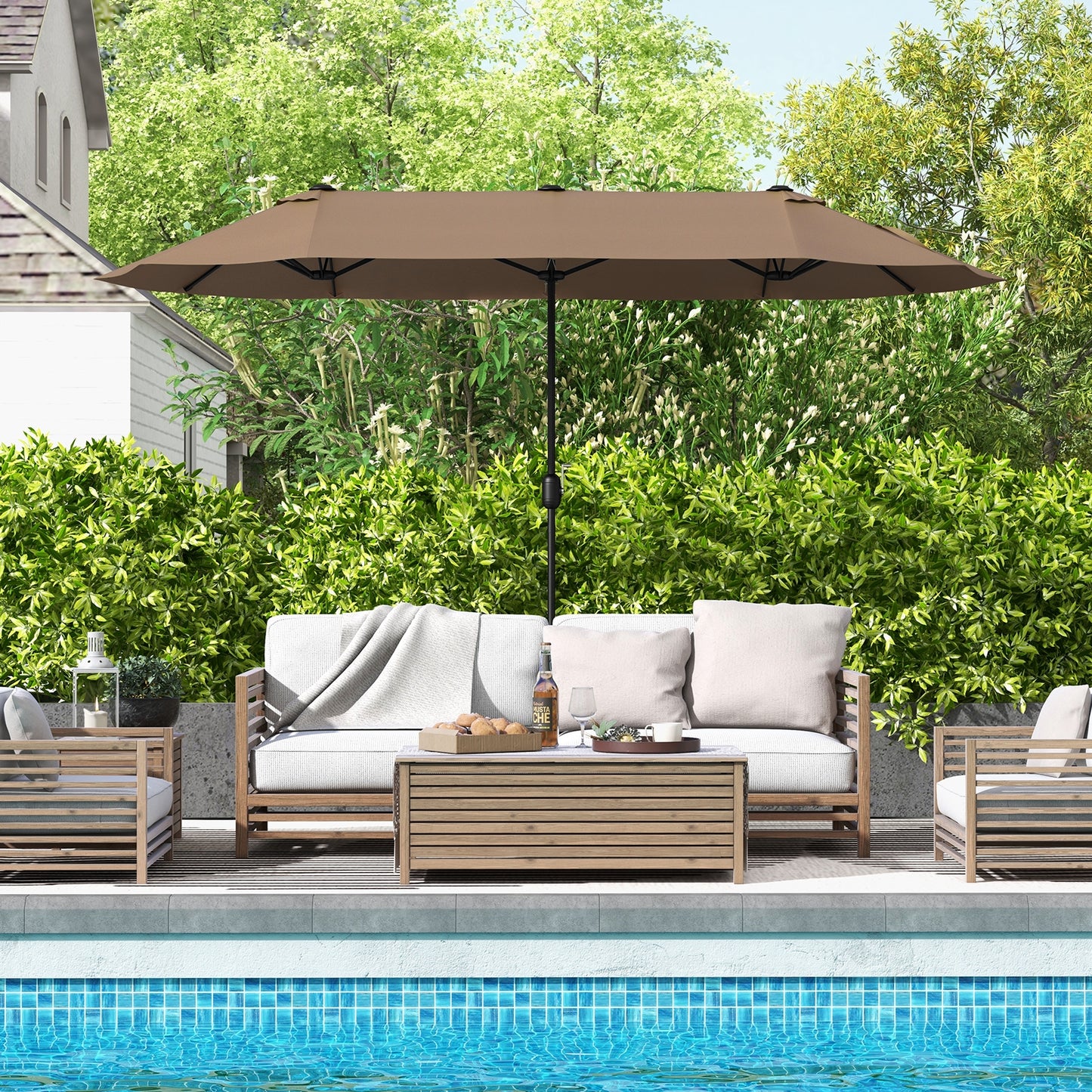 13 FT Double-sided Patio Twin Table Umbrella with Crank Handle-Tan Kids Crystal