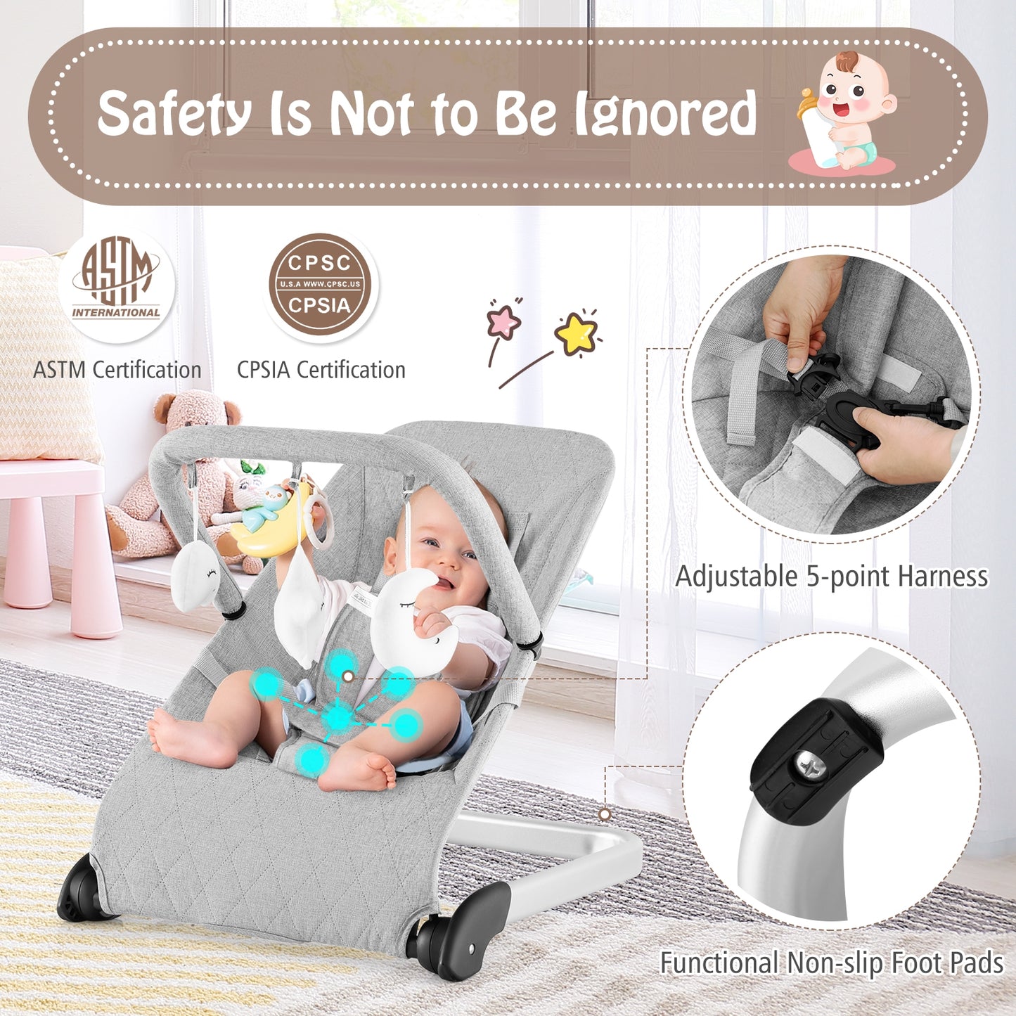 Foldable Baby Bouncer with Removable Fabric Cover and Toy Bar-Gray Kids Crystal