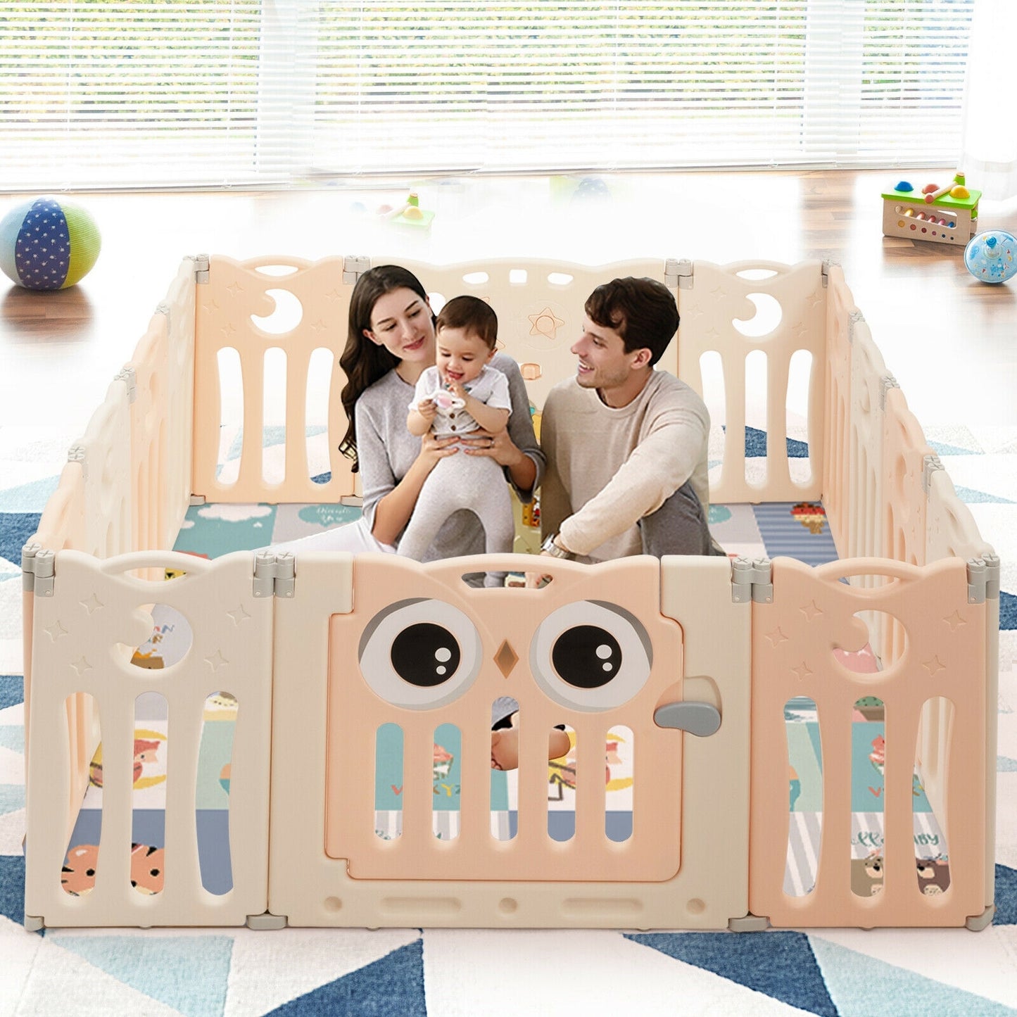 14-Panel Baby Playpen Kids Activity Center Foldable Play Yard with Lock Door-Pink Kids Crystal