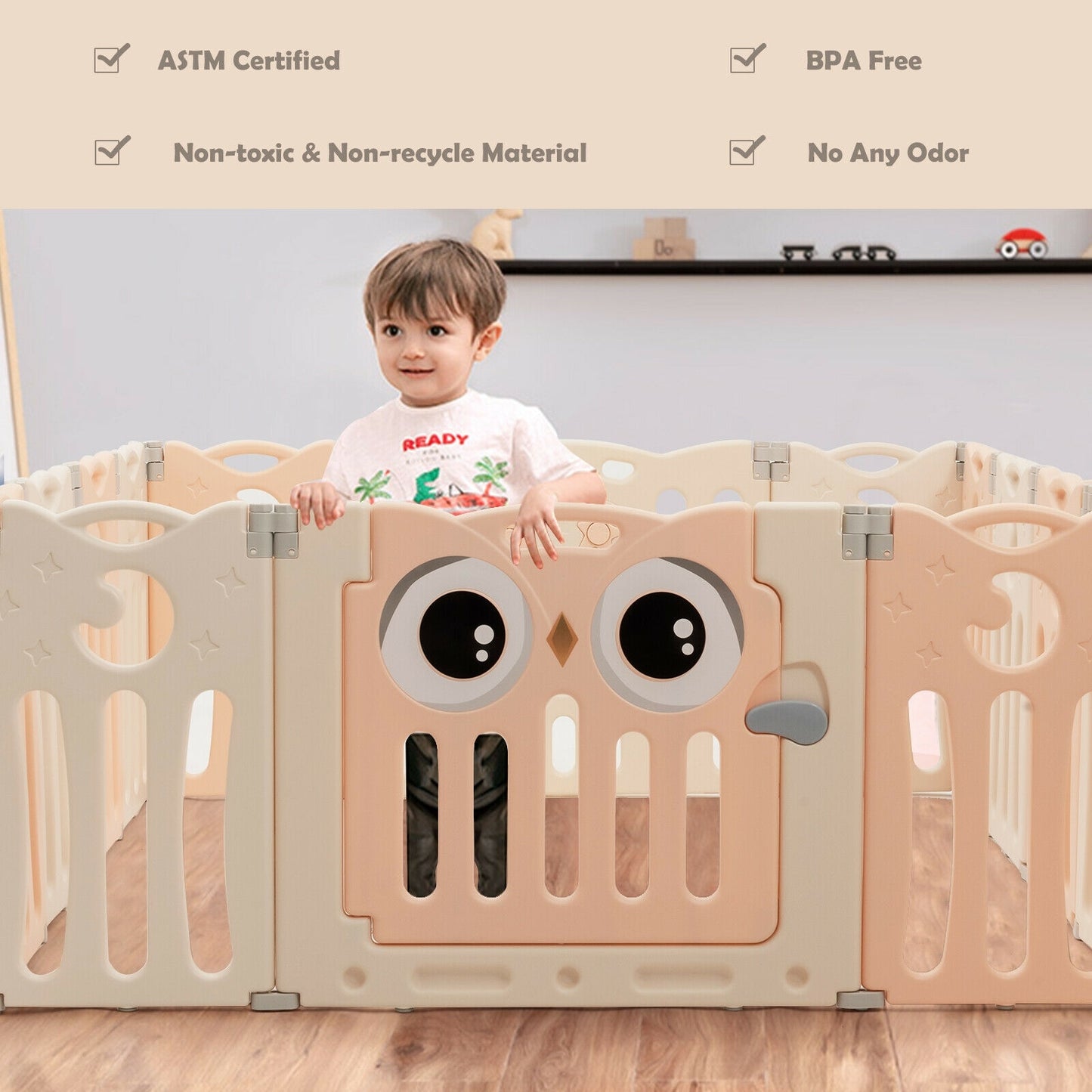 14-Panel Baby Playpen Kids Activity Center Foldable Play Yard with Lock Door-Pink Kids Crystal