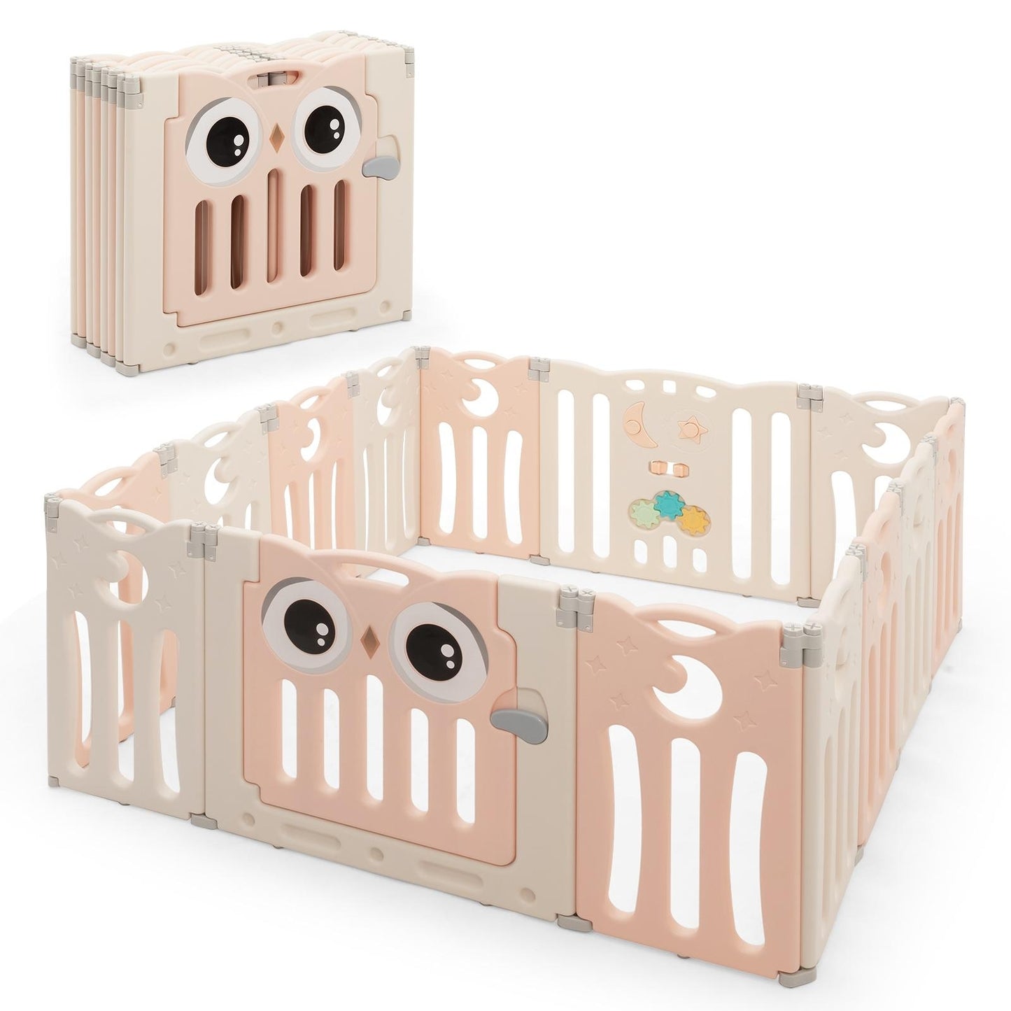 14-Panel Baby Playpen Kids Activity Center Foldable Play Yard with Lock Door-Pink Kids Crystal