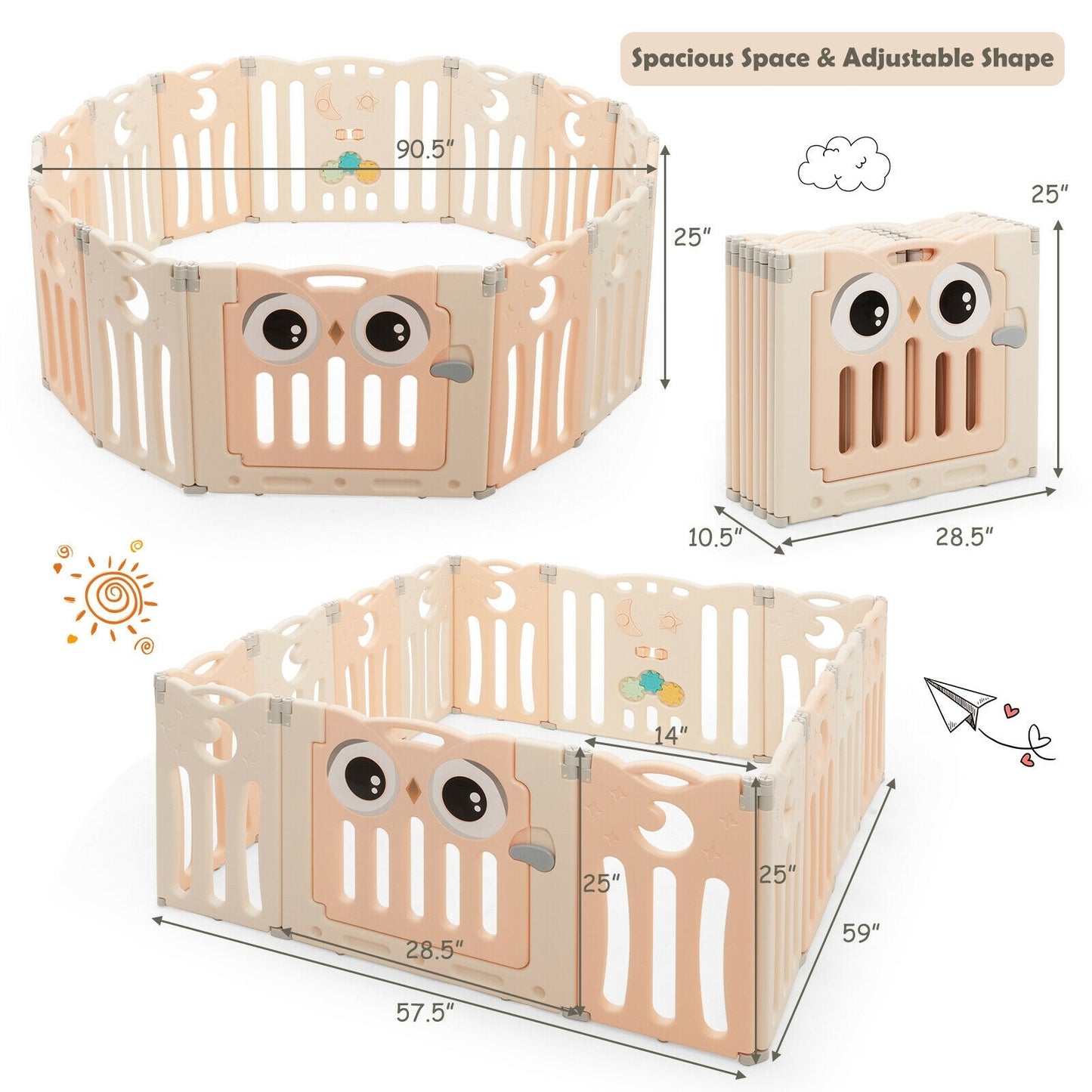 14-Panel Baby Playpen Kids Activity Center Foldable Play Yard with Lock Door-Pink Kids Crystal