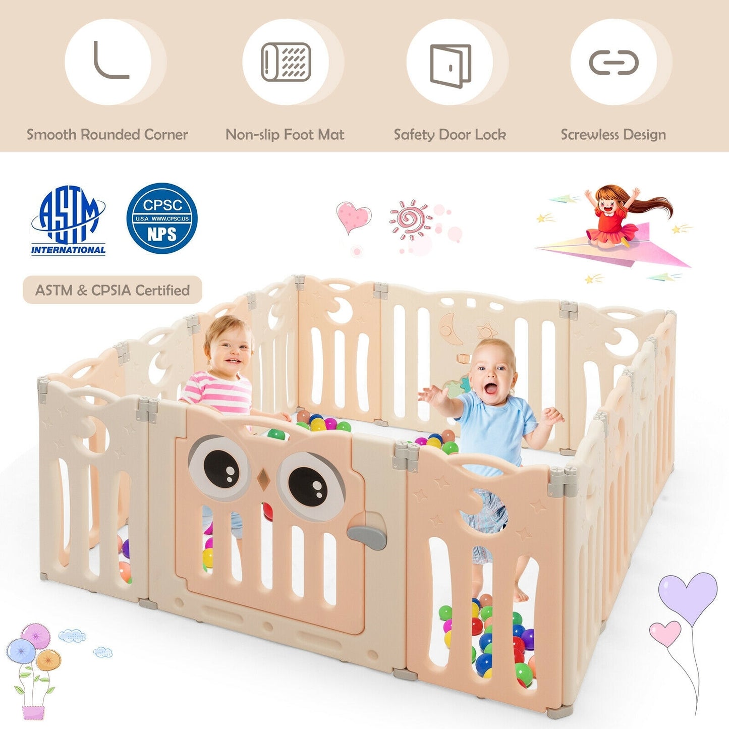 14-Panel Baby Playpen Kids Activity Center Foldable Play Yard with Lock Door-Pink Kids Crystal