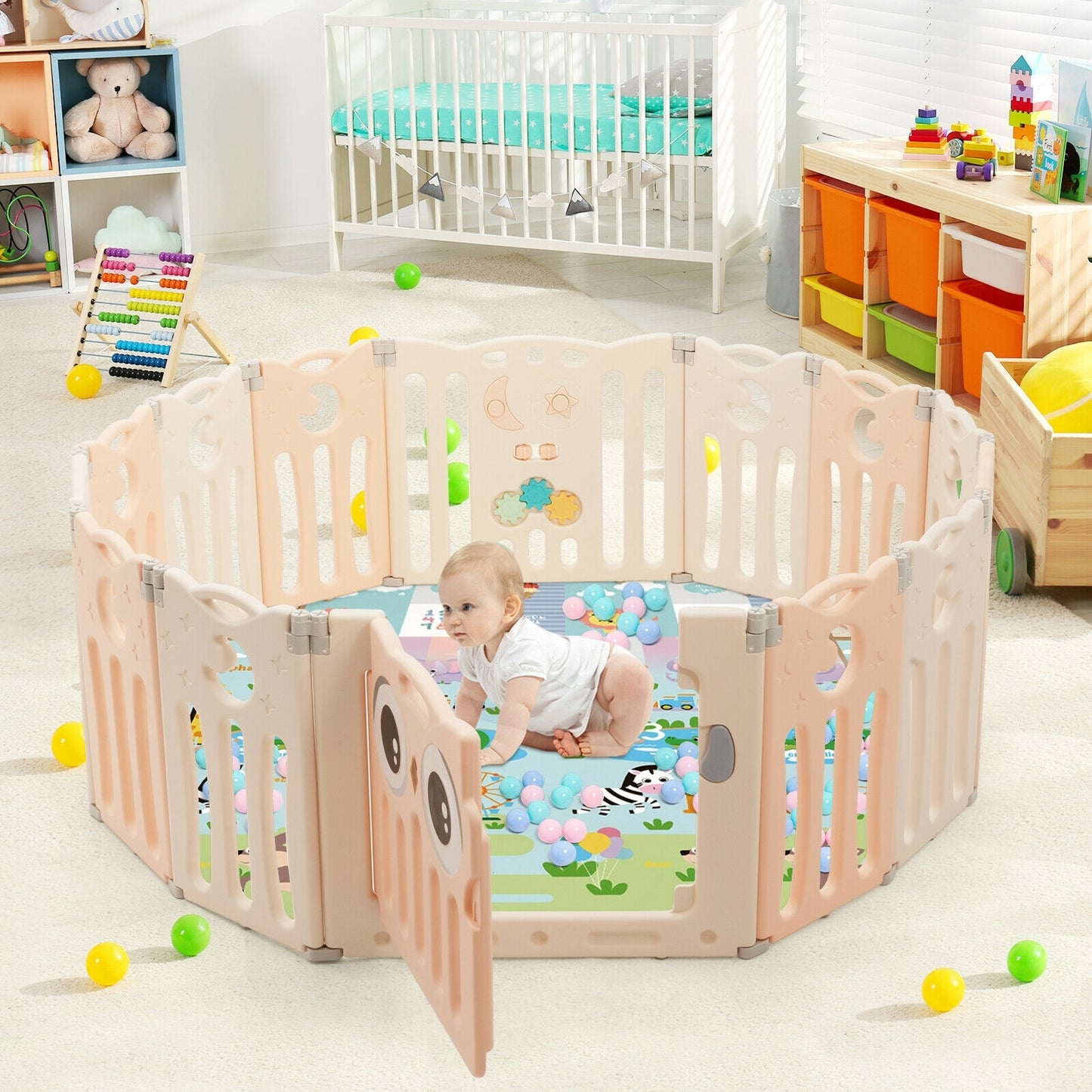 14-Panel Baby Playpen Kids Activity Center Foldable Play Yard with Lock Door-Pink Kids Crystal
