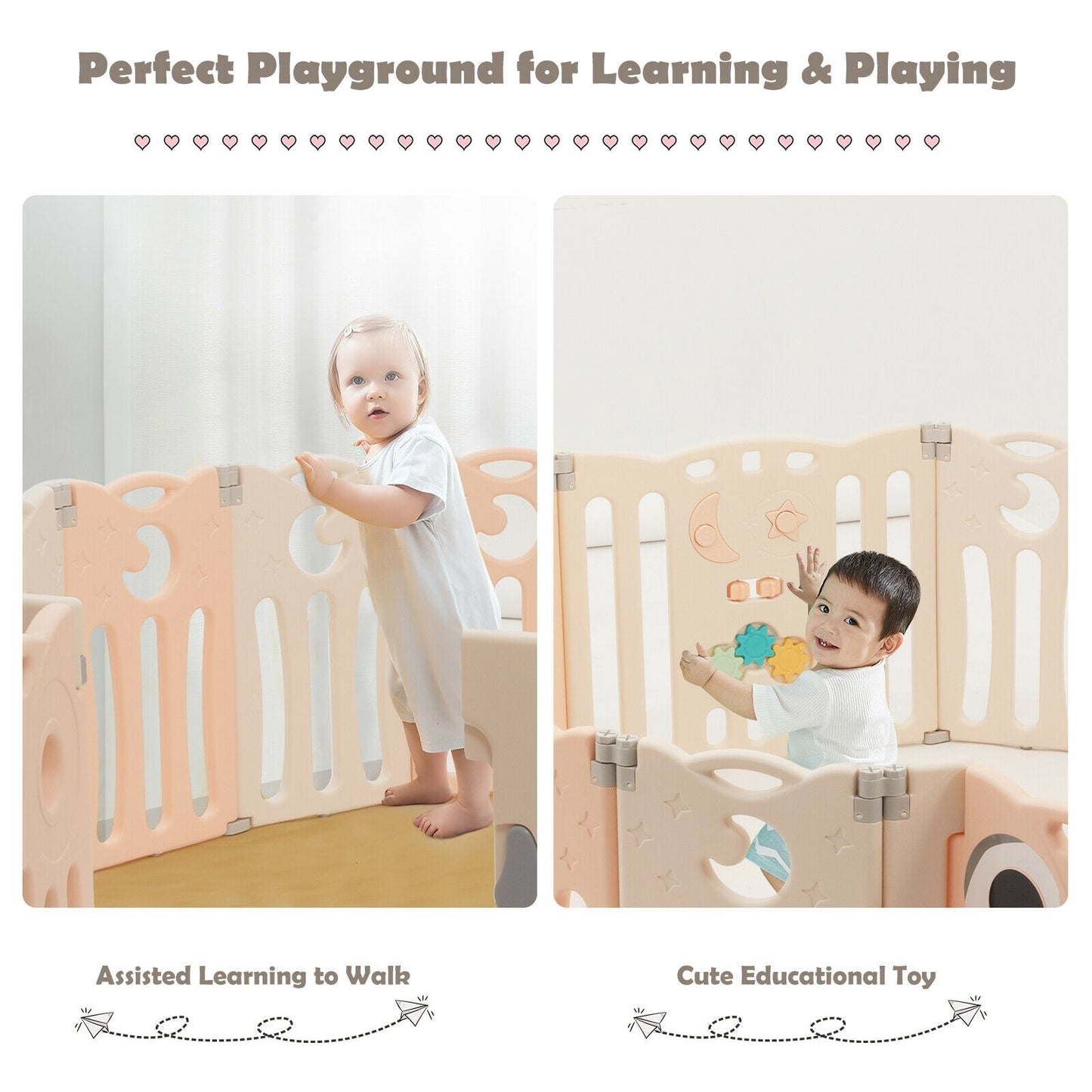 14-Panel Baby Playpen Kids Activity Center Foldable Play Yard with Lock Door-Pink Kids Crystal