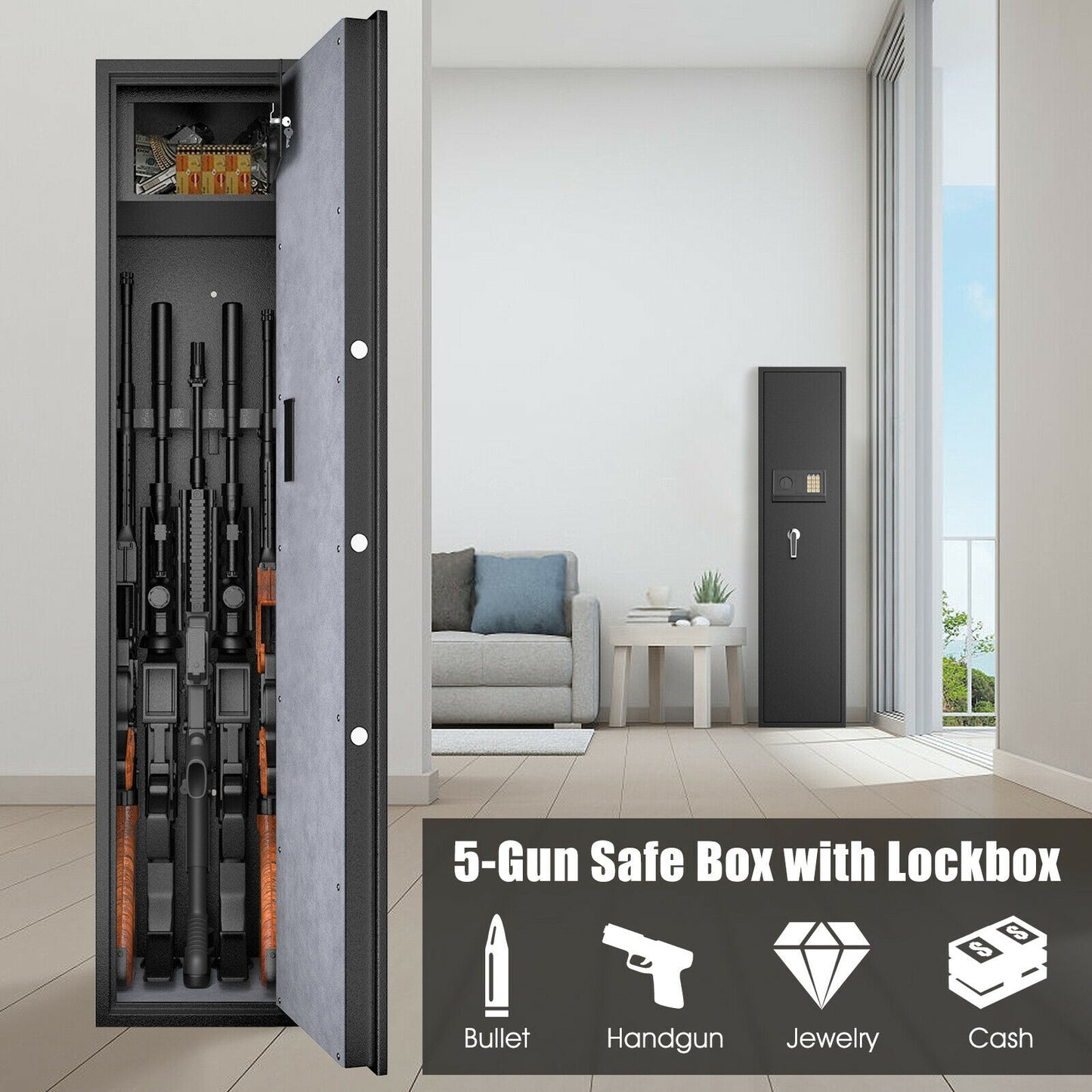 Large Rifle Safe Quick Access 5-Gun Storage Cabinet with Pistol Lock Box Kids Crystal