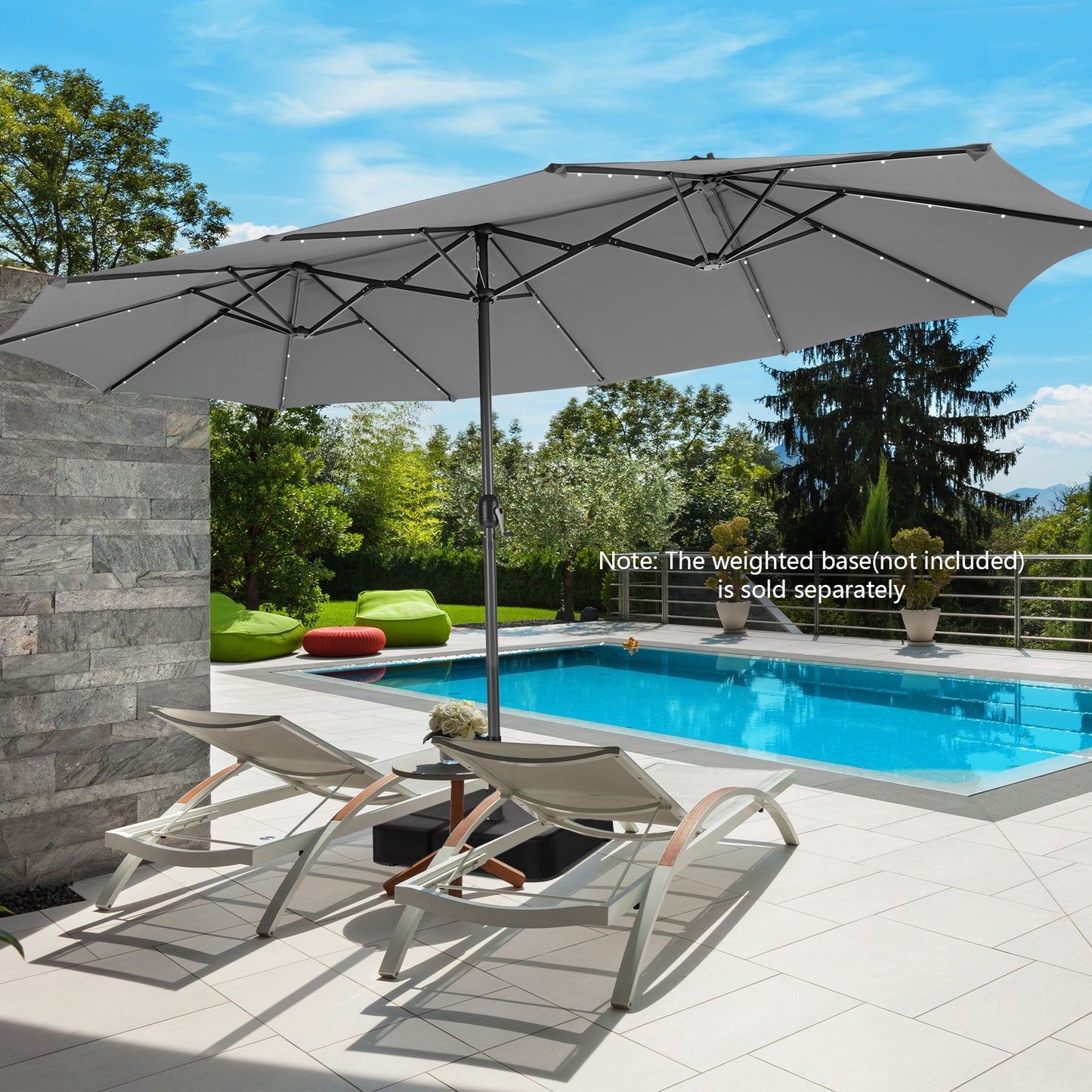 15 Feet Twin Patio Umbrella with 48 Solar LED Lights-Gray